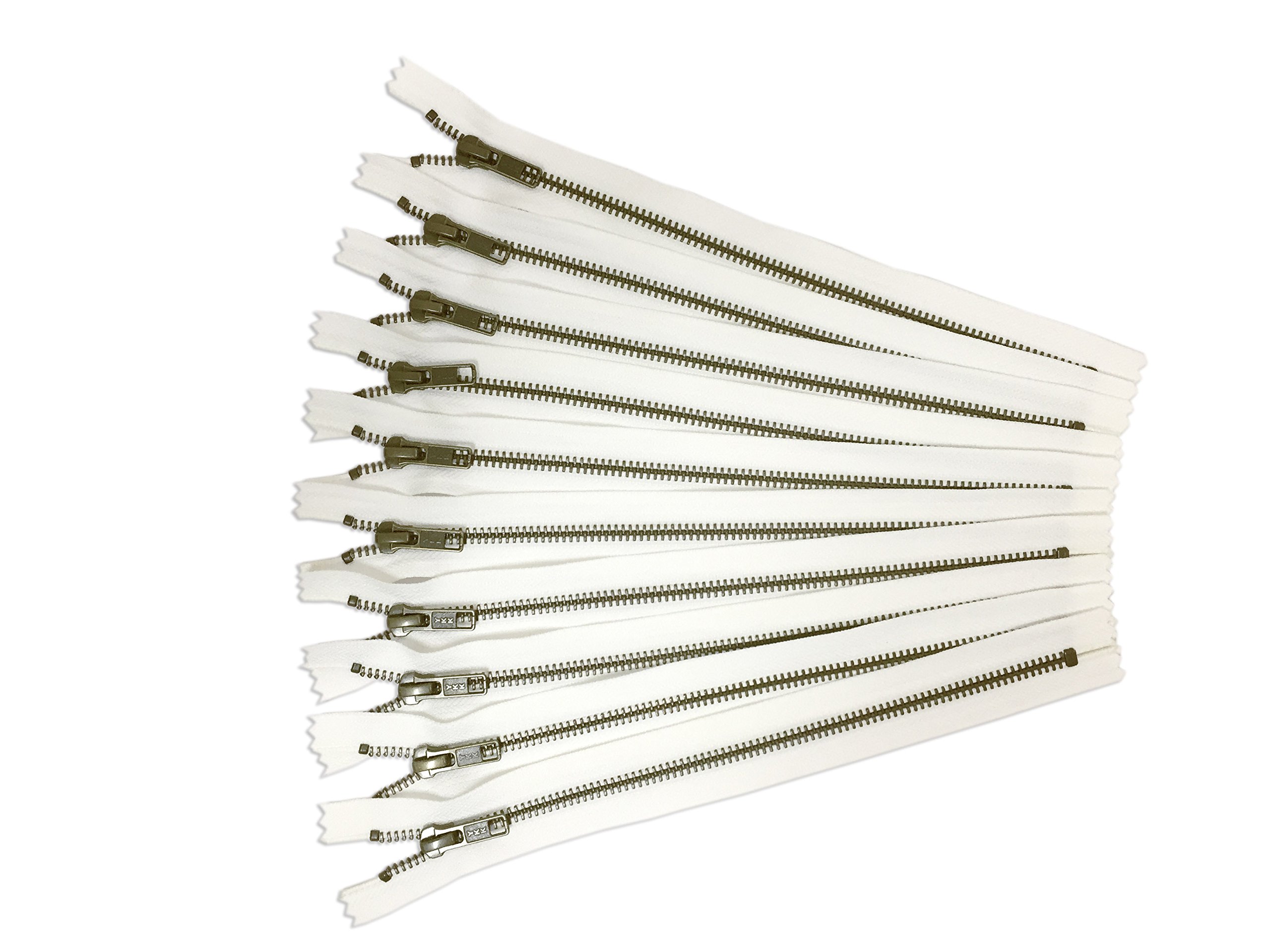 YKK Zippers White Antique Gold No. 5 Metal Zips 14 inch Set of 12