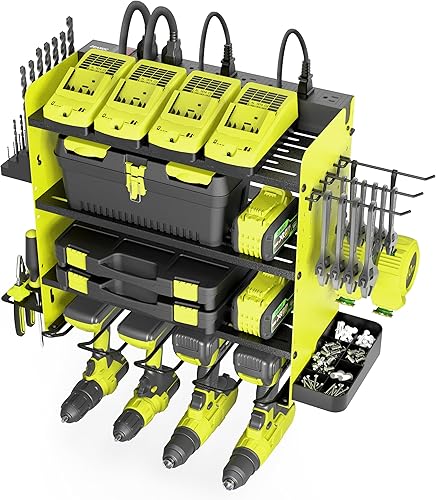 ZEAKOC Organizador de herramientas eléctricas con estación de carga, soporte de pared para taladro de 4 niveles, estante metálico para garaje con