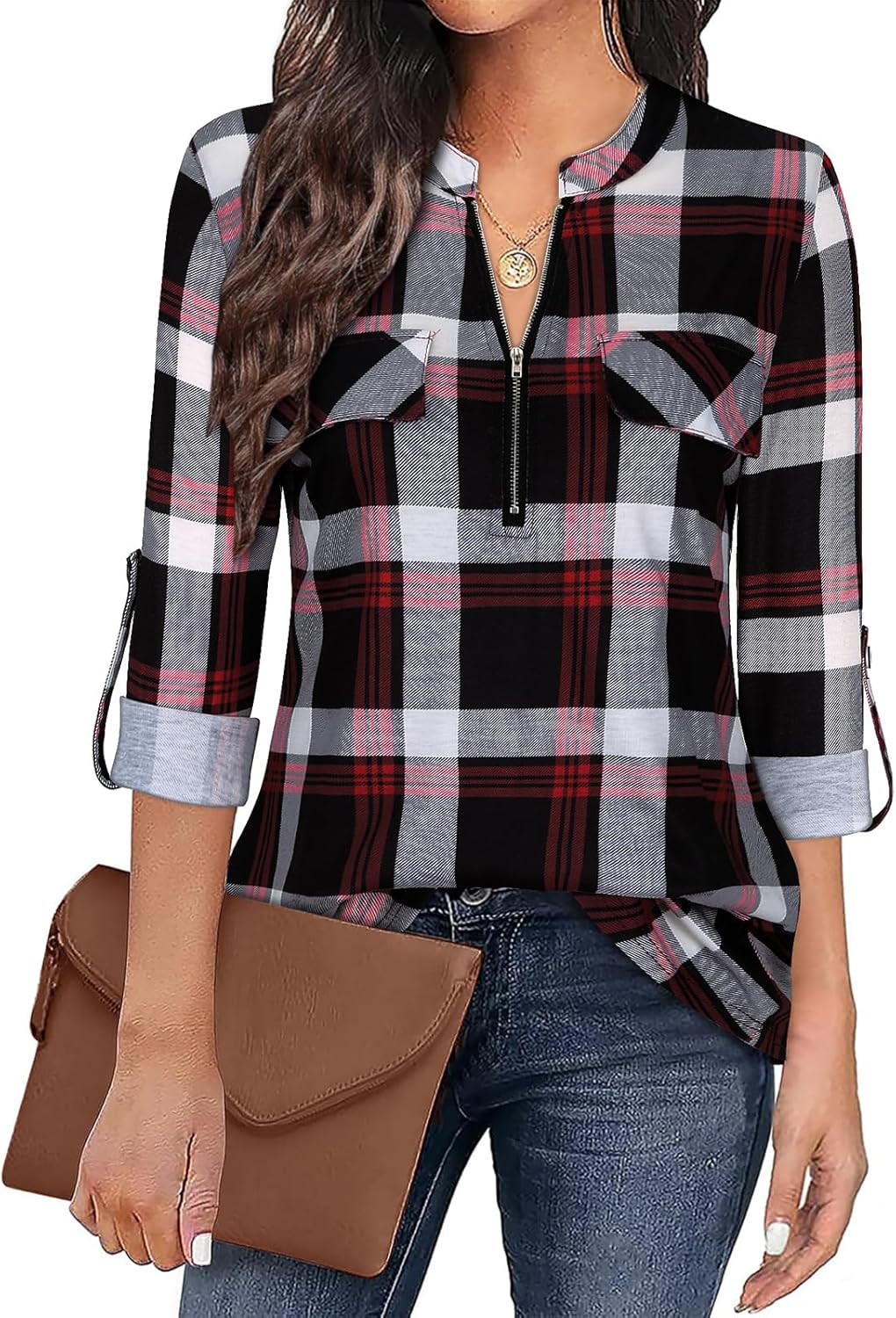 Tanst Sky Womens Casual Long Sleeve Zipped V Neck Plaid Tunic Blouses - Image 2