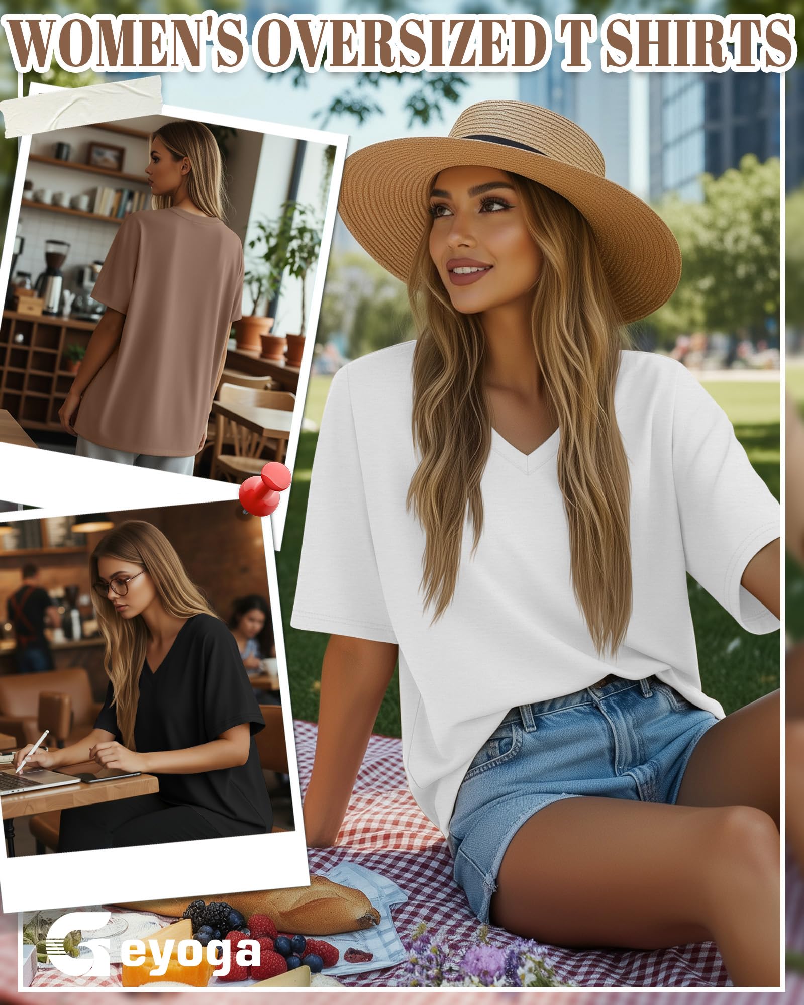 Geyoga Pack de 3 Camisetas Oversize de Algodón para Mujer Cuello en V Corte Holgado Camisetas Deportivas Manga Corta