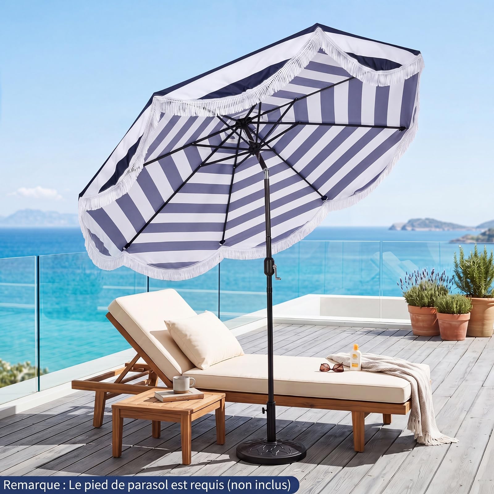 COSTWAY Parasol de Jardin Exterieur sans Pied Ø2,7M, Parasol Plage à Volants avec Franges, 30° Inclinaison, 8 Baleines, Manivelle, Tissu en Polyester, pour Piscine Balcon Terrasse