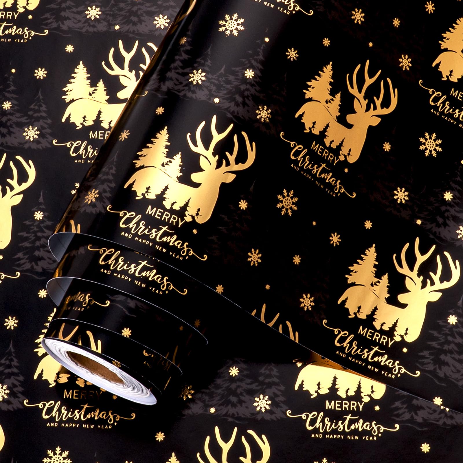 Homeral Christmas Wrapping Paper Roll, Gold Foil Reindeer and Snowflakes