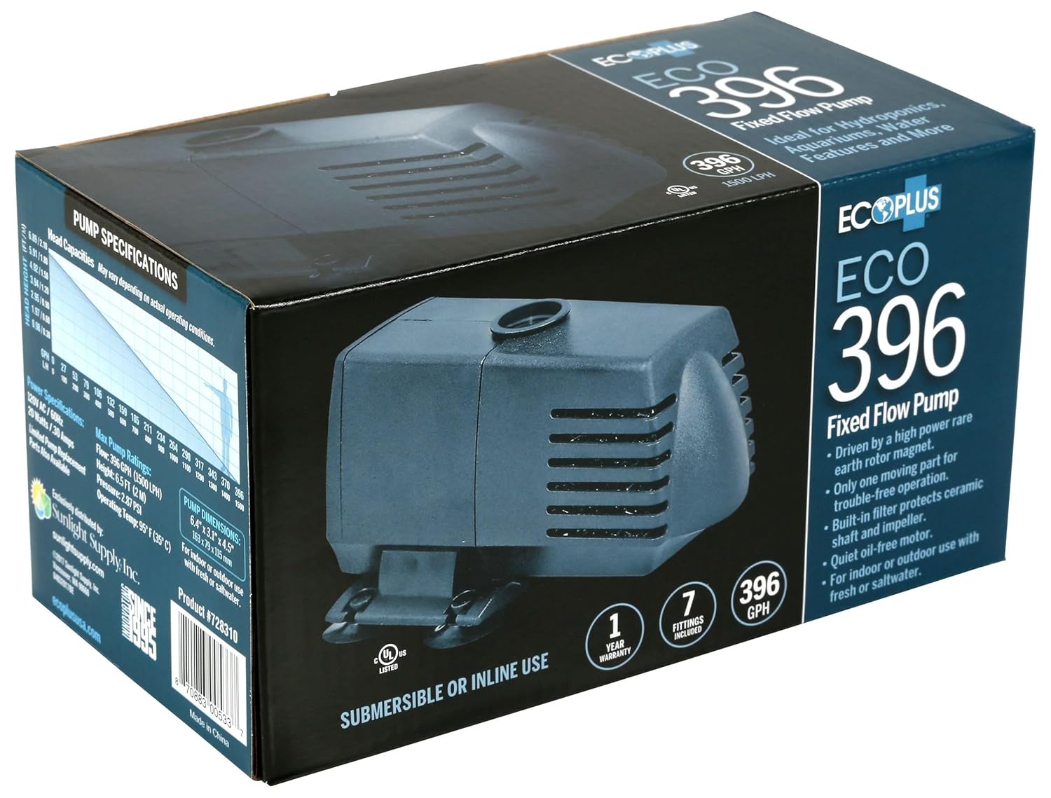 EcoPlus Eco 396 Water Pump Fixed Flow Submersible Or Inline For Aquariums, Ponds, Fountains & Hydroponics - UL Listed, 396 GPH, Black