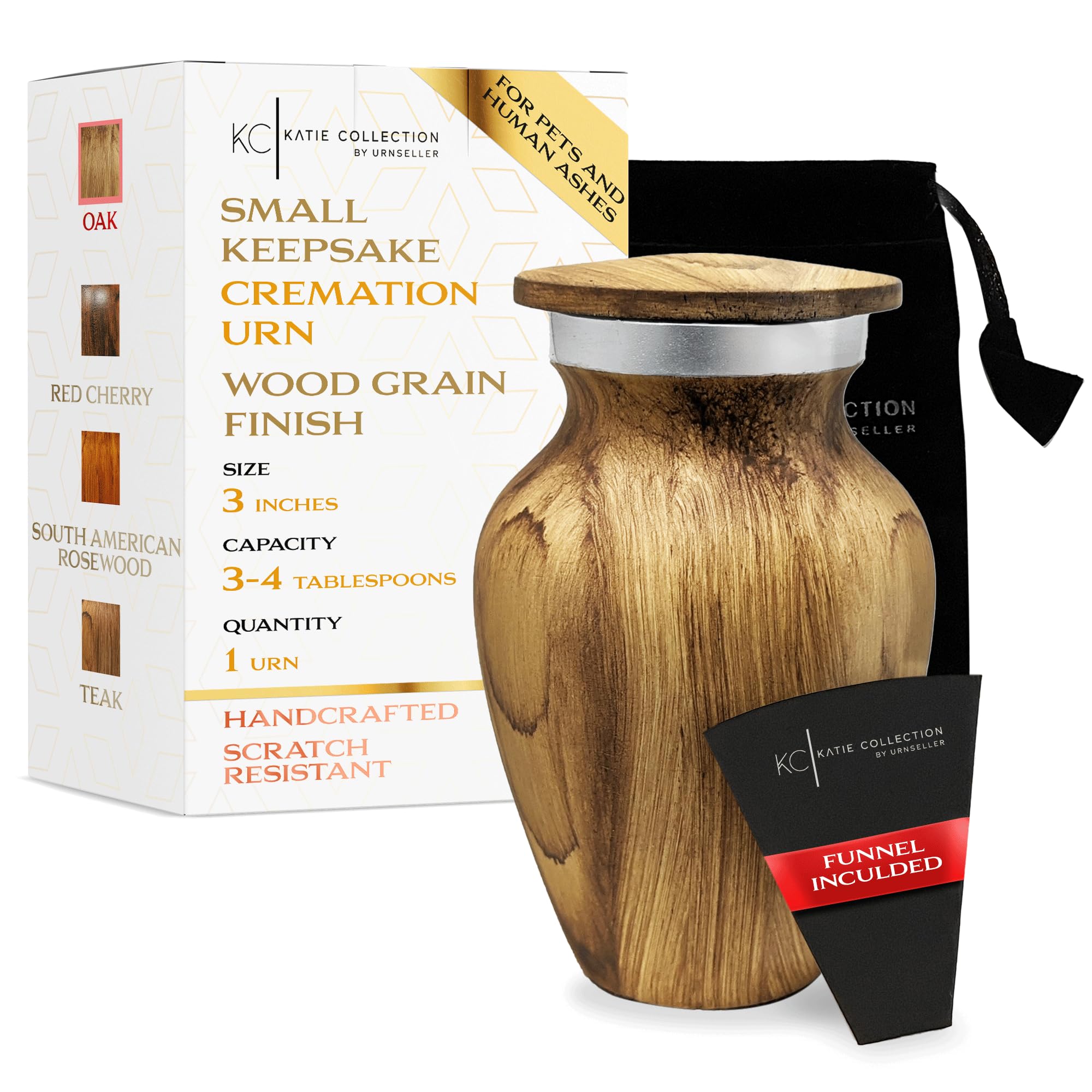 URNSELLER - Small Keepsake Urn for Human Ashes – Oak Wood Appearance Memorial – Handcrafted Mini Urn for Sharing – Recycled Cast Aluminum – Secure Lid - Velvet Bag & Funnel – Decorative Container