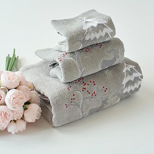 Miniatura 6 de Christmas Premium Luxury Decor Ultra Soft 100% algodón bordado baño moderno Navidad juego de toallas 3 piezas plata rojo blanco patrón de ciervo