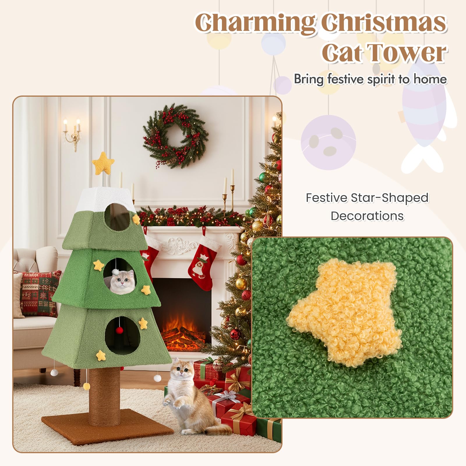 SOARS Árbol rascador de Navidad, 162 cm, con 3 cuevas, columna rascadora, tronco de 19 cm de grosor, bolas colgantes, árbol de Navidad, árbol de Navidad para gatos