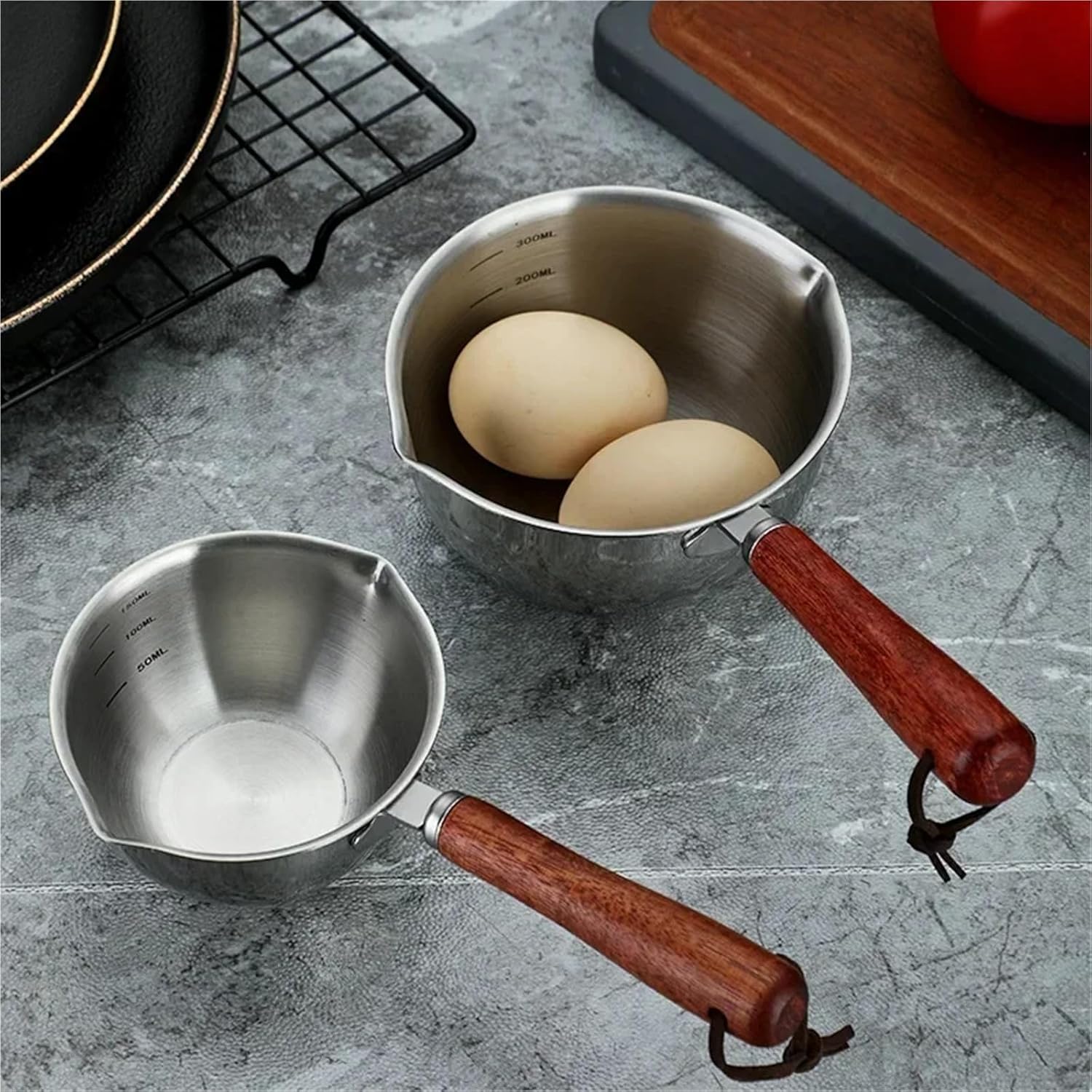Mini 304 Stainless Steel Oil Pot with Wooden Handle Small Kitchen Pan for Butter Chocolate Sauces(Steel-L)