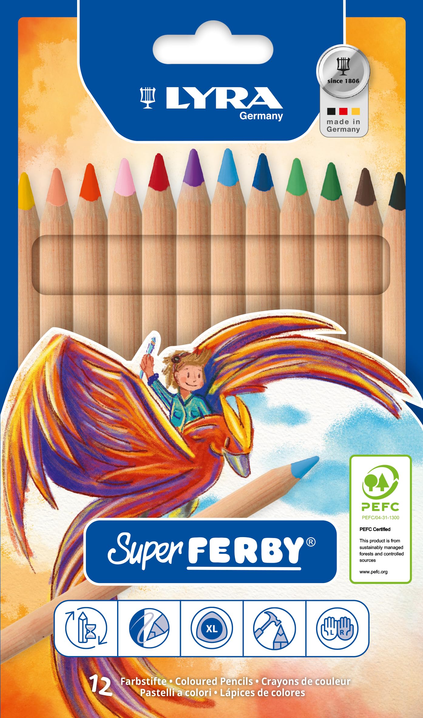 LYRA Super Ferby Nature Wooden Chunky Colouring Pencils, 12 Assorted Colours, Ideal for Children and Schools
