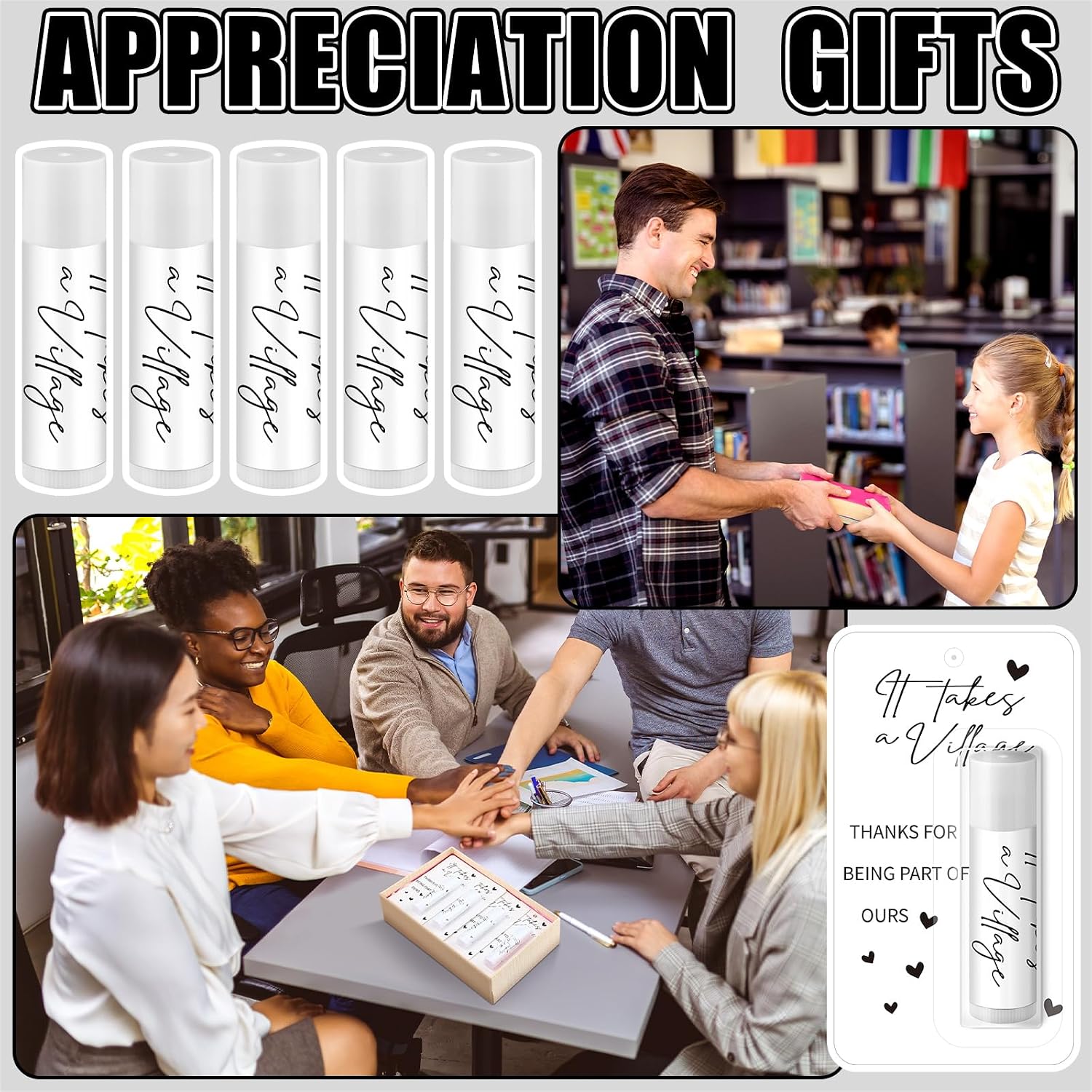 30 Pack Employee Teacher Appreciation Gift Bulk Lip Balm Teacher Employee Staff Team Thank You Gifts Nurse Volunteer Appreciation Party Favors for Women Men Coworker(It Takes A Village,White)