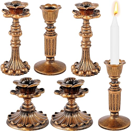 6 Pcs Vintage Candlestick Holders Taper Resin Candle Holder Retro Antique Candle Holder Floral Decorative Candle Sticks for Wedding Anniversary Table Fireplace Home Decoration (Bronze,Various Style)