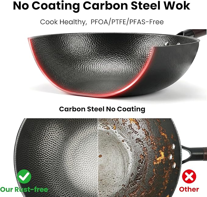 Wok de Acero al Carbono 13 Pulgadas, Antiadherente con Tapa, Fondo Plano miniatura 3