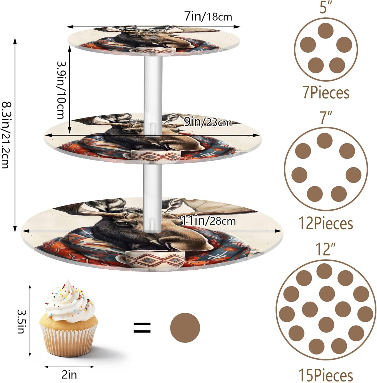3 Tier Cupcake Stand Tea Party Acrylic Display Cupcake Tower Dessert Stands Serving Trays for Party Food Buffet Wedding Cozy Moose Blanket Print