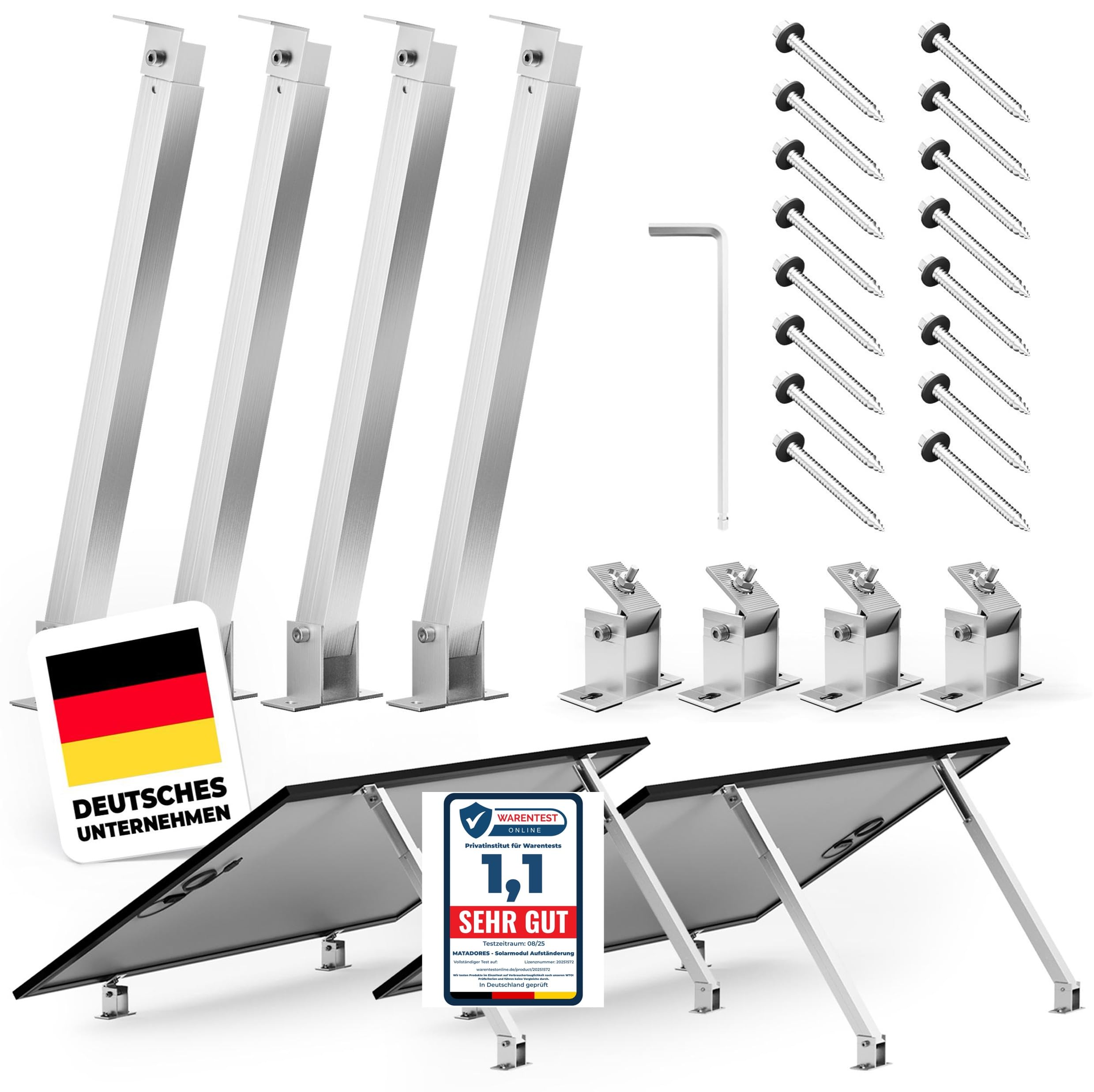 Matadores Silver Stand For 2 Solar Panels | For House Wall, Flat Roof, Balcony | Adjustable 15° - 60° Tilt | Aluminium Bracket For Balcony Power Station | Includes Mounting Kit