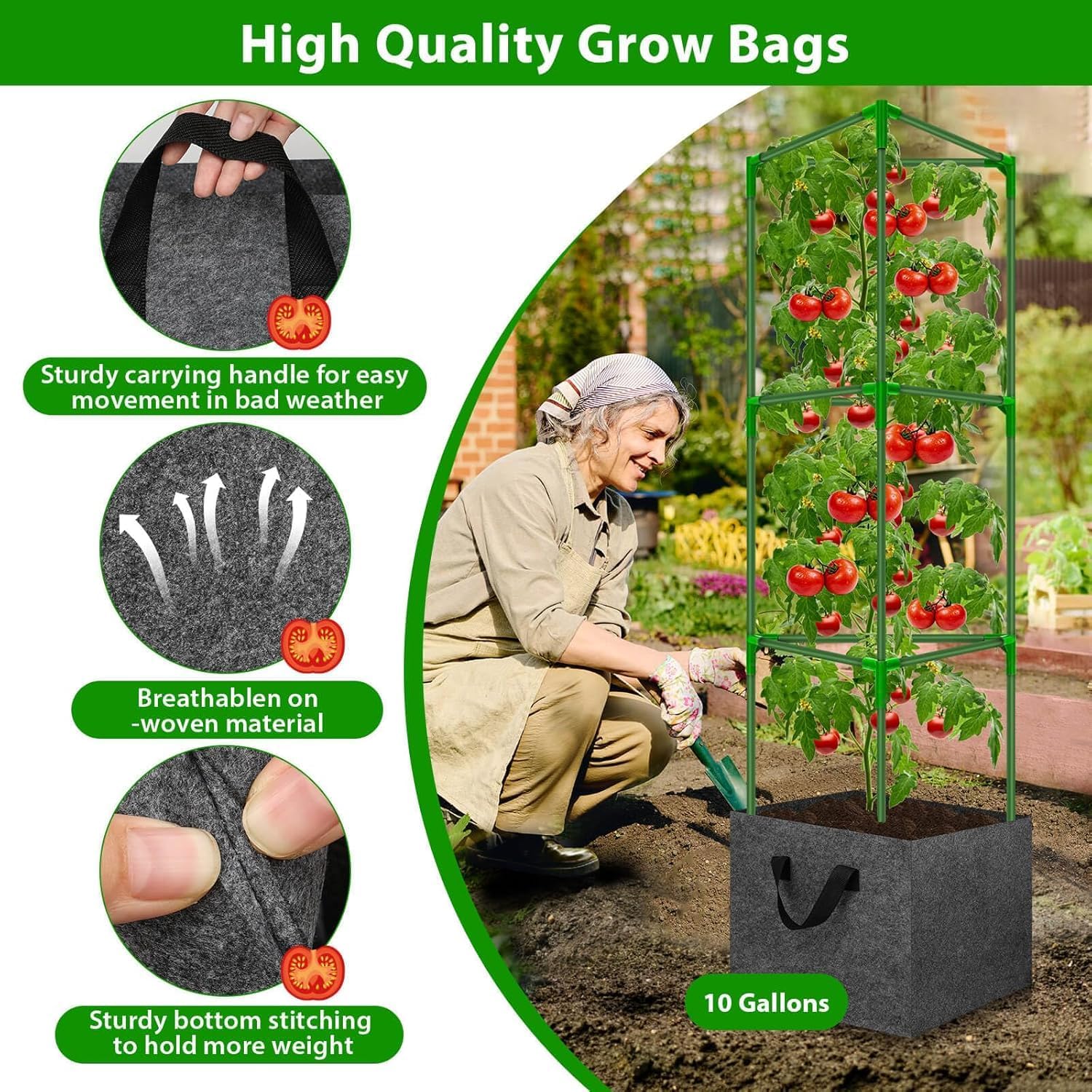 Tomato Cages for Garden with 3 Grow Bags 10 Gallons, 3 Pack Metal Tomato Cage Trellis, Garden Cage Heavy Duty Tomato Stake Support
