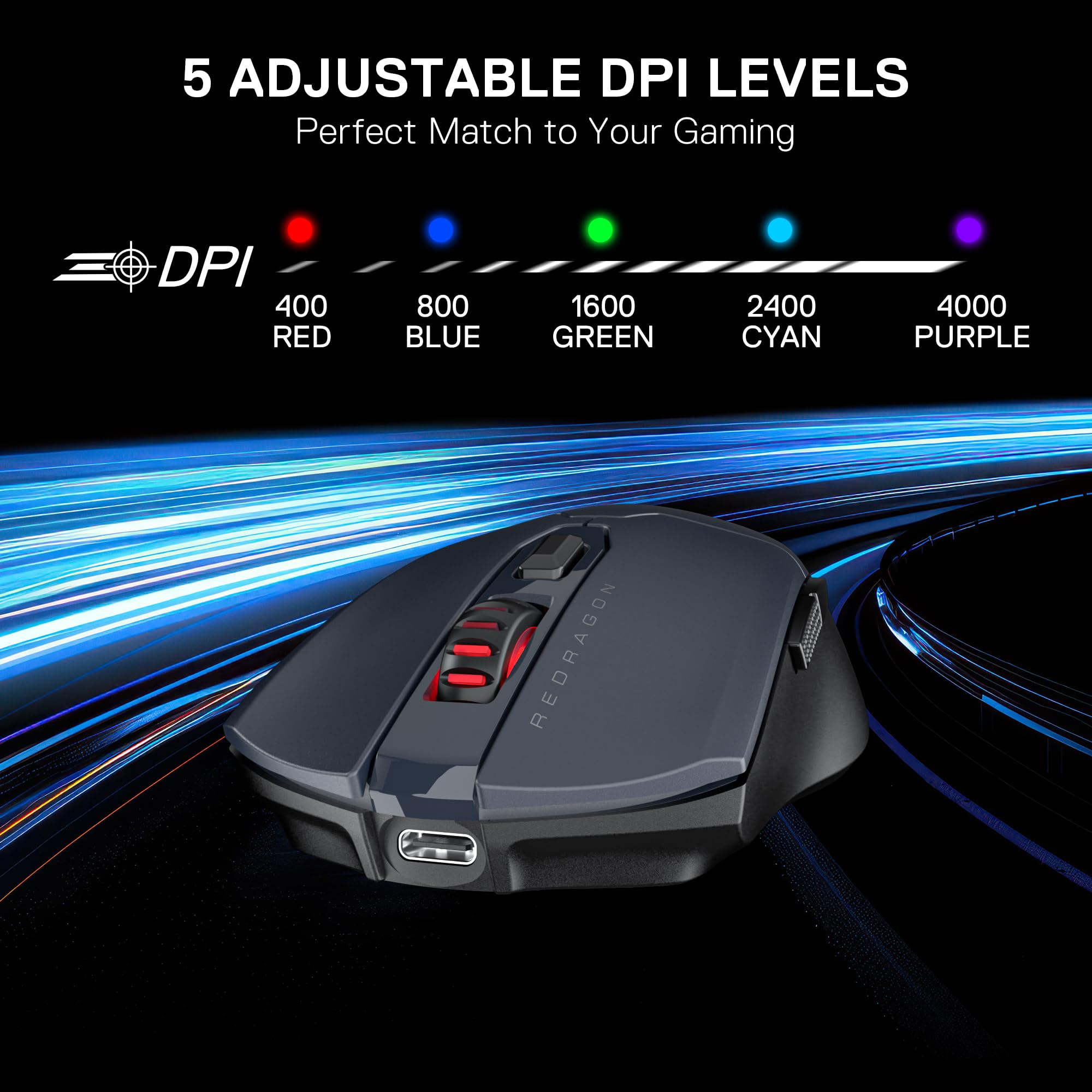Redragon M995 LIT Gaming Mouse, 10000 DPI Wired/Wireless, BT & 2.4G Wireless, 6 pulsanti macro, 51G ultra leggero, capacità di alimentazione affidabile per PC/Mac/Laptop, grigio