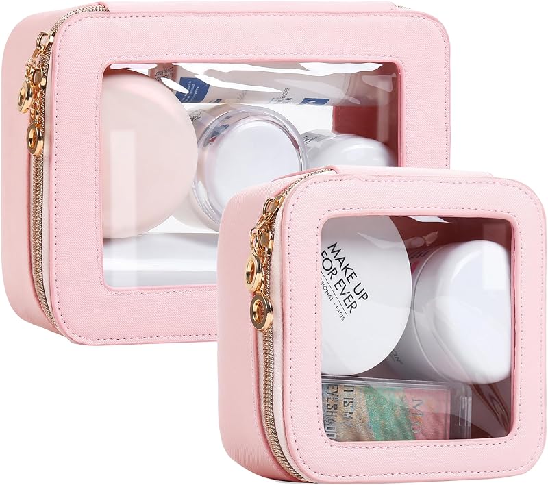 Conjunto de necessaires transparentes para maquiagem JRQCSJY com zíper, Rosa, S + M