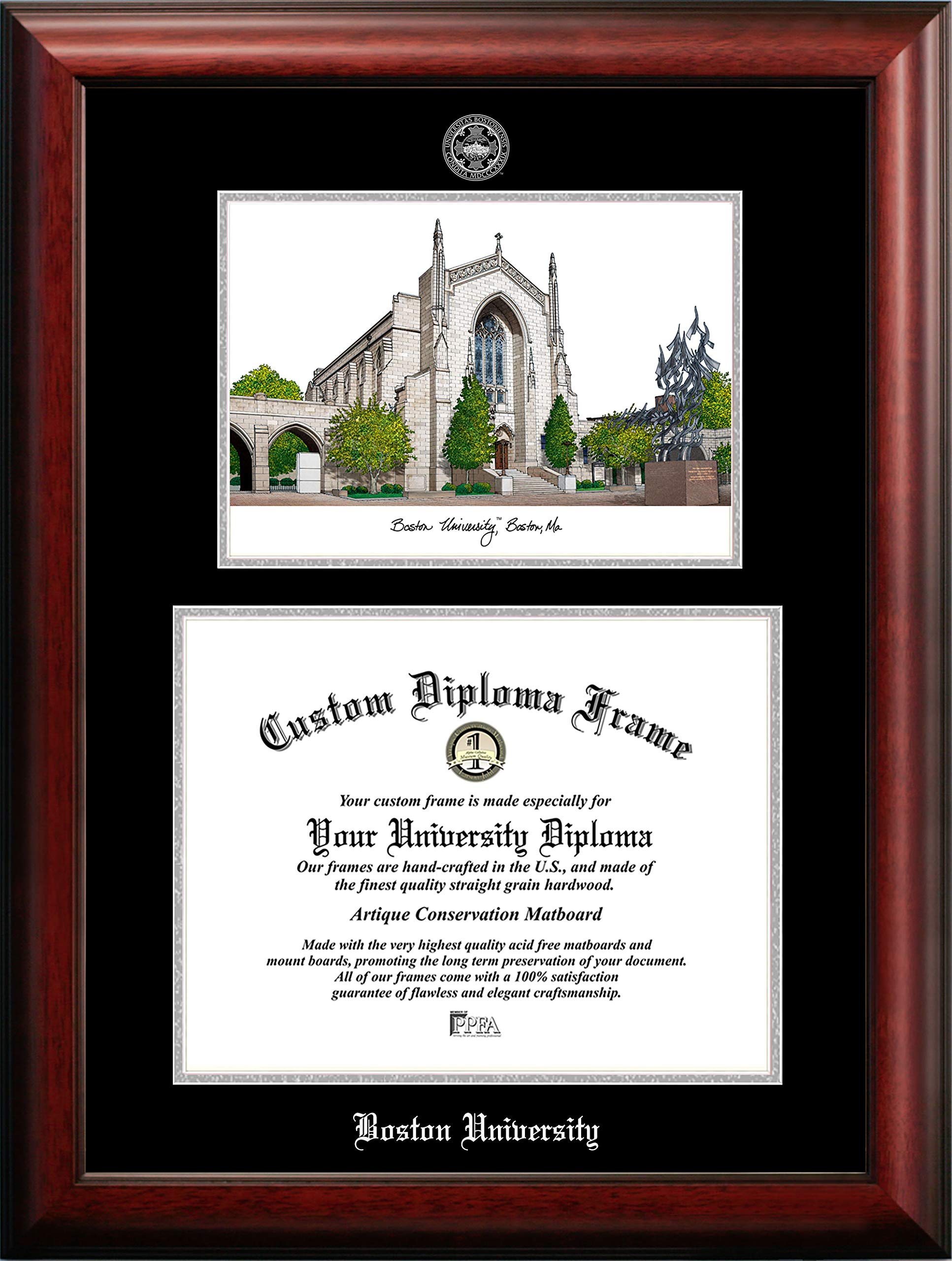 Campus Images NCAA Boston University Terriers Unisex Silver Medallion Frame Boston University 14w x 11h Silver Embossed Diploma Frame Lithograph, Brown, One Size