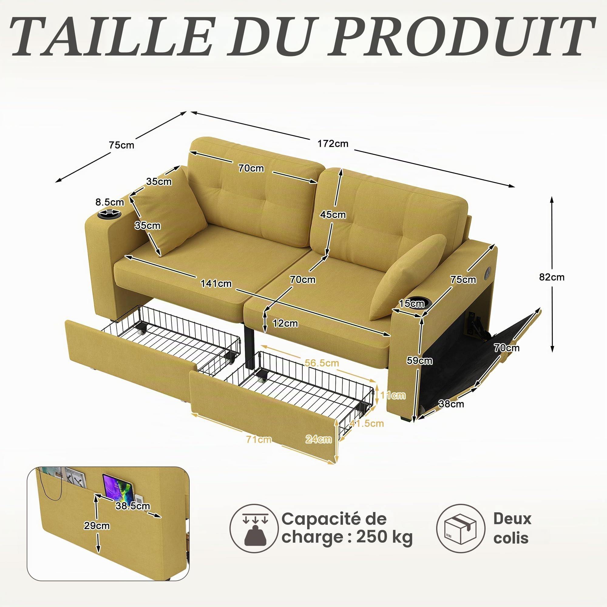 Canapé 2 Places avec Rangement,Canapé d'angle Moderne,2 tiroirs sous l'assise,accoudoirs avec Porte-gobelets,Ports USB/USB-C,Poches latérales,Tissu Chenille,Jaune Moutarde