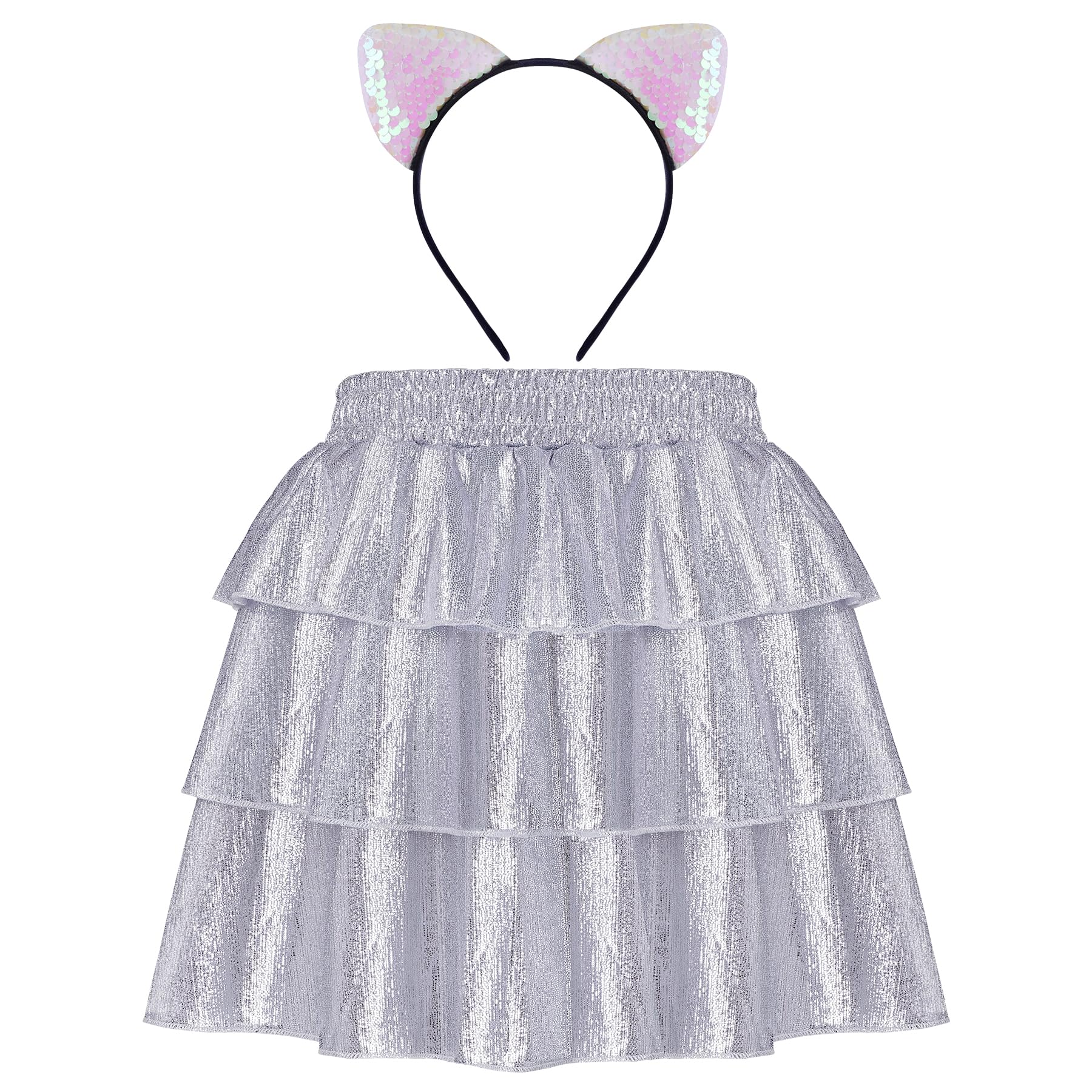 DxhyccGirls Metallic Skirt Shiny Sparkly 3-Layer Ruffle Skirts Dance Scooter Skirt Tutu Skirt with Headband