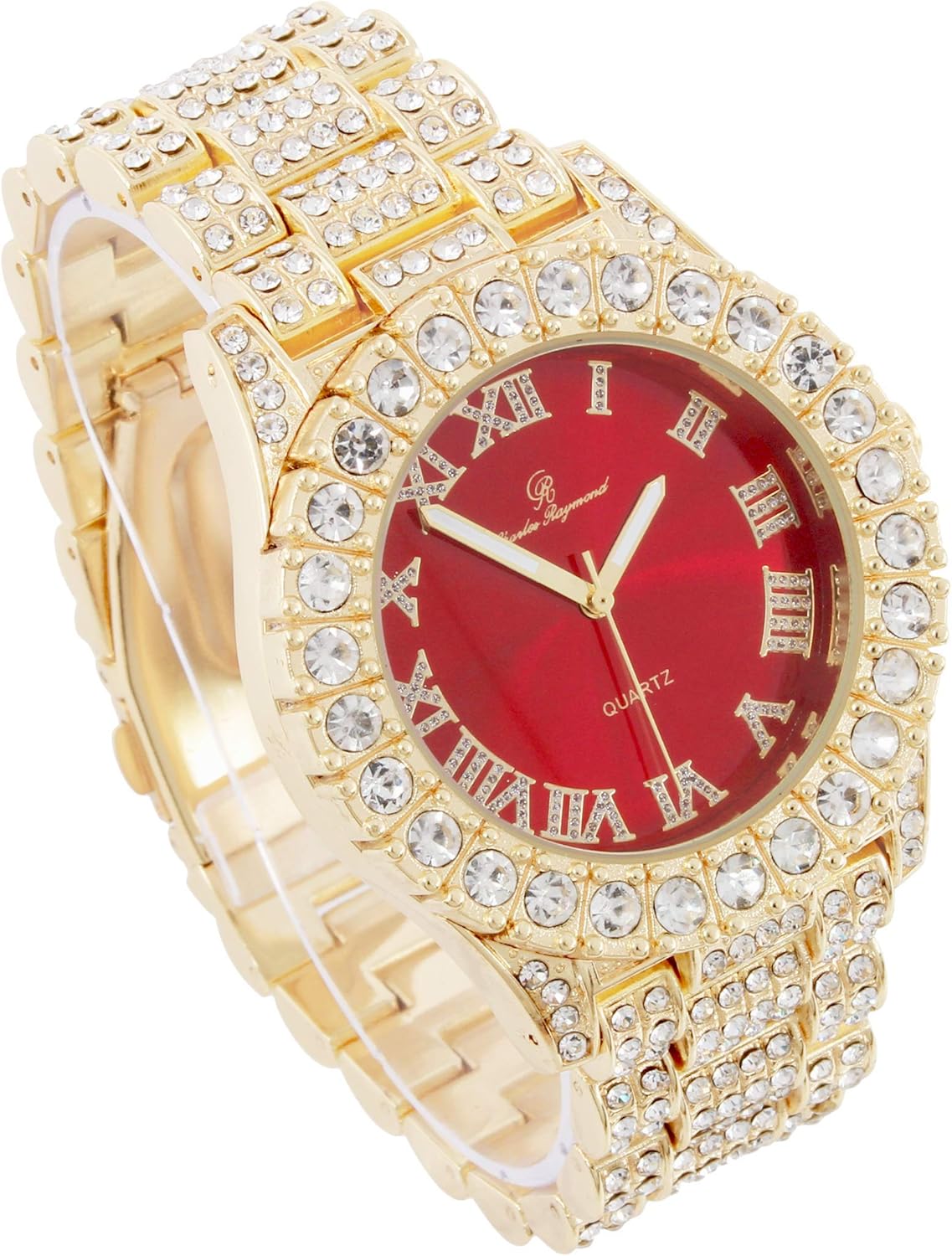 Charles Raymond Mens Big Rocks Bezel - Dial with Roman Numerals Fully Iced Out Watch w/Cuban Chain Bracelet & Ring - ST10327 3pc Set