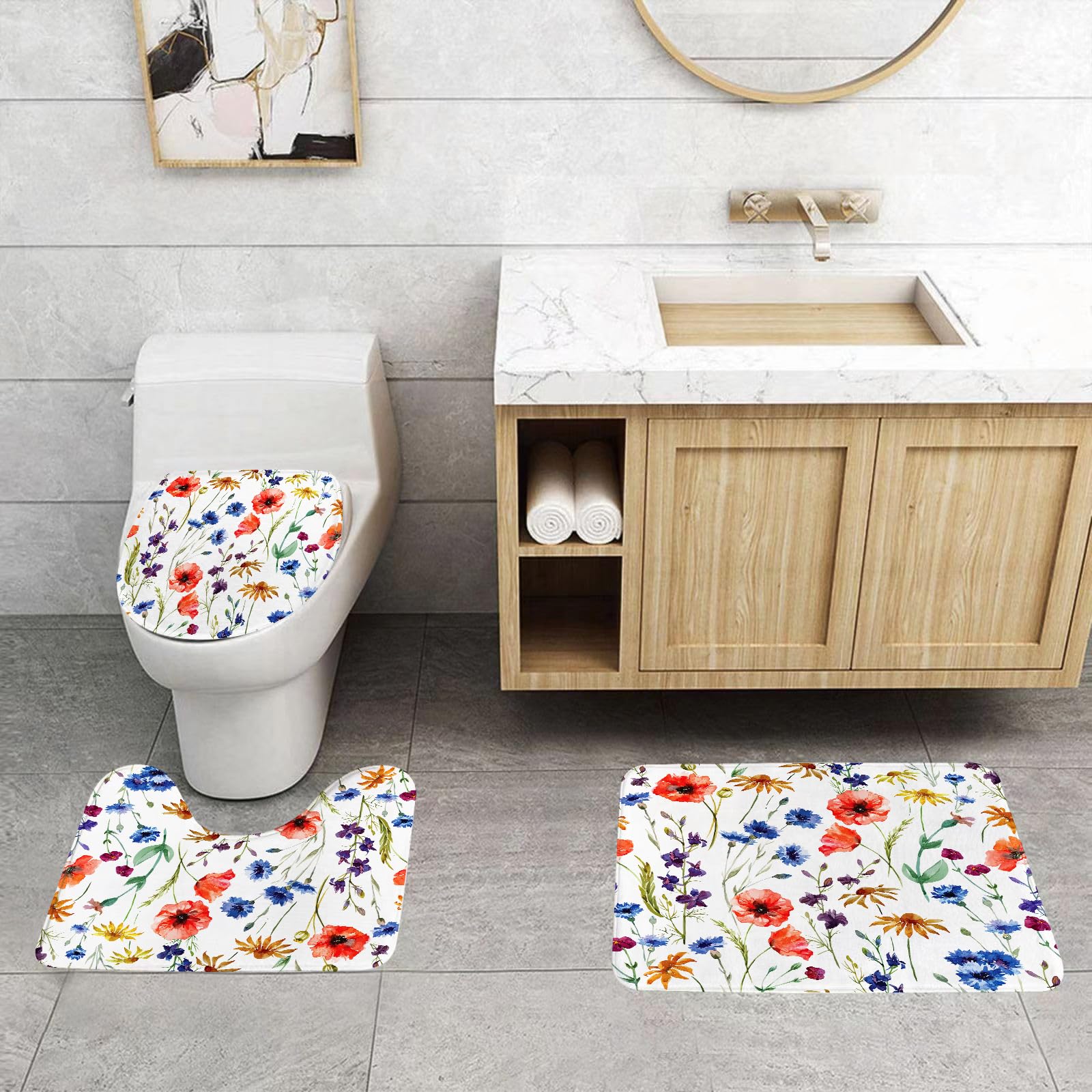 Set di 3 tappetini da Bagno, Lavabili in Lavatrice e Antiscivolo, in Morbida Fibra Superfine, con Motivo Floreale Senza Cuciture.