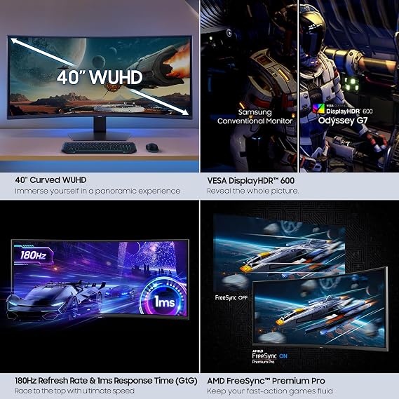 Samsung 40 Odyssey G7 (G75F) WUHD Resolution, 180Hz, Curved Gaming Monitor, 1ms Response Time (GtG), VESA DisplayHDRTM 600, AMD FreeSyncTM Premium Pro, LS40FG75DENXZA, 2025