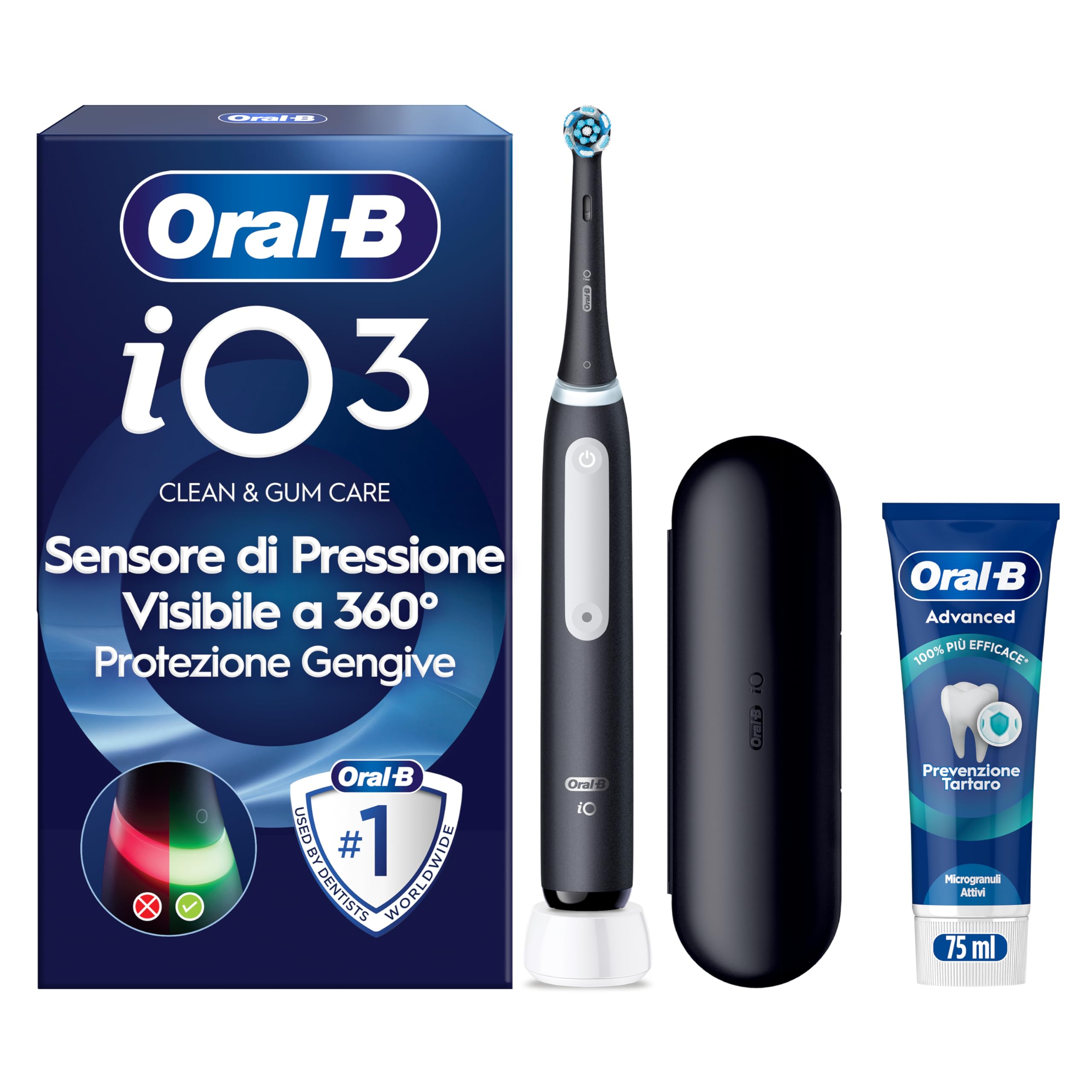 Oral-B iO 3 Spazzolino Elettrico, 1 Testina di Ricambio, Custodia, Nero - 1 Testine di Ricambio per Spazzolino Elettrico, Ricaricabile, Custodia da Viaggio + Dentifricio Advanced Prevenzione Tartaro
