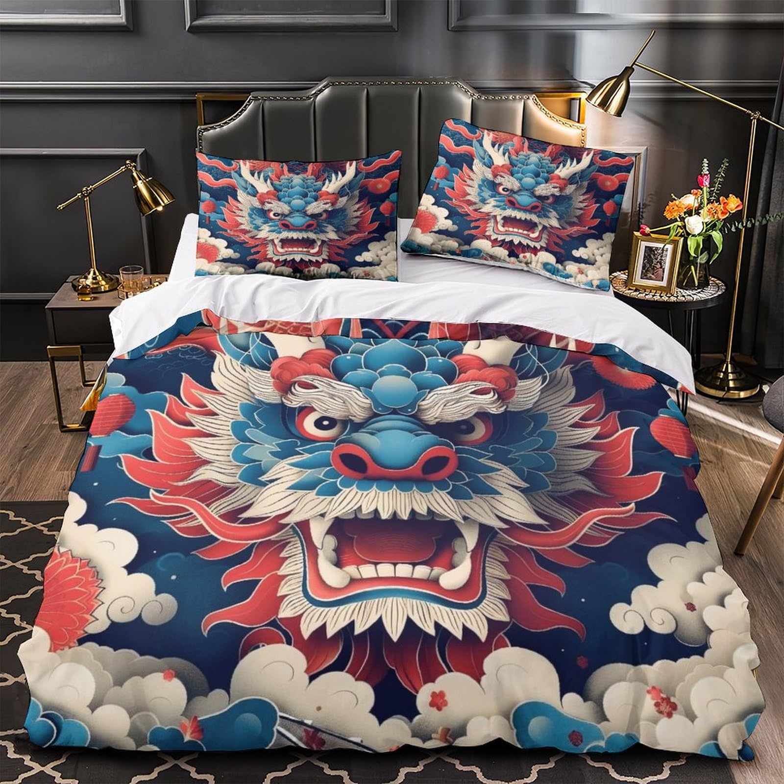 Stampato in 3D Loong cinese Copertina Stampata Microfibra Disegnata Biancheria Da Letto Con Chiusura A Cerniera Con 2 Federe,Double（200x200cm）, Per Adolescenti E Adulti