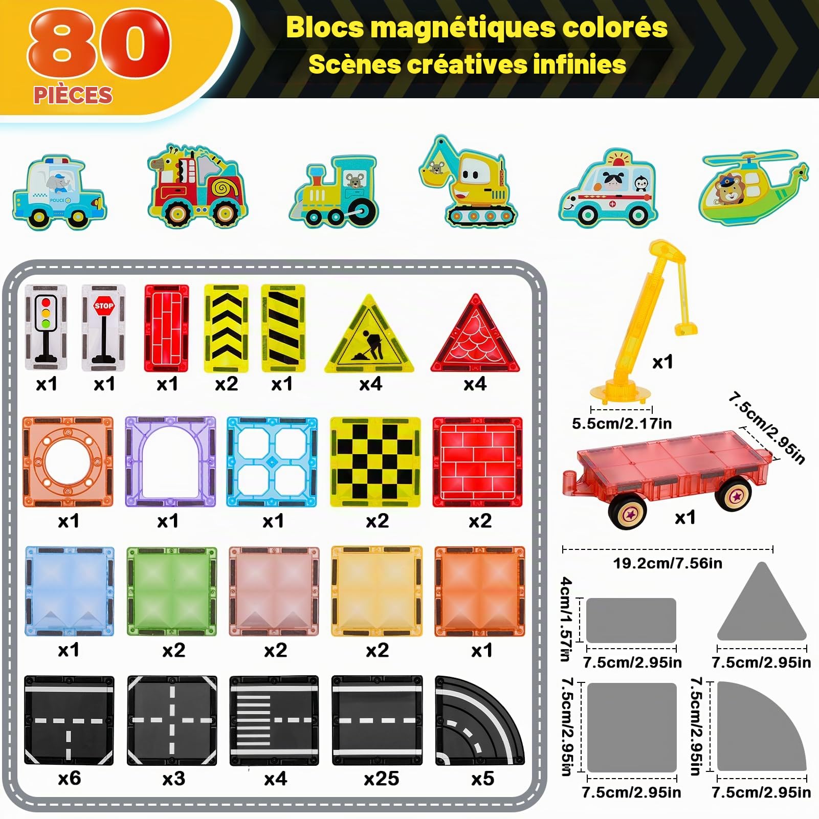 Construction Magnetique Enfant, Set Route Tuiles Magnétiques 80 Pièces avec Voiture, Grandes Tuiles 7.5cm, Jeu de Construction Magnétique STEM, Cadeau Éducatif Enfant 3-12 Ans
