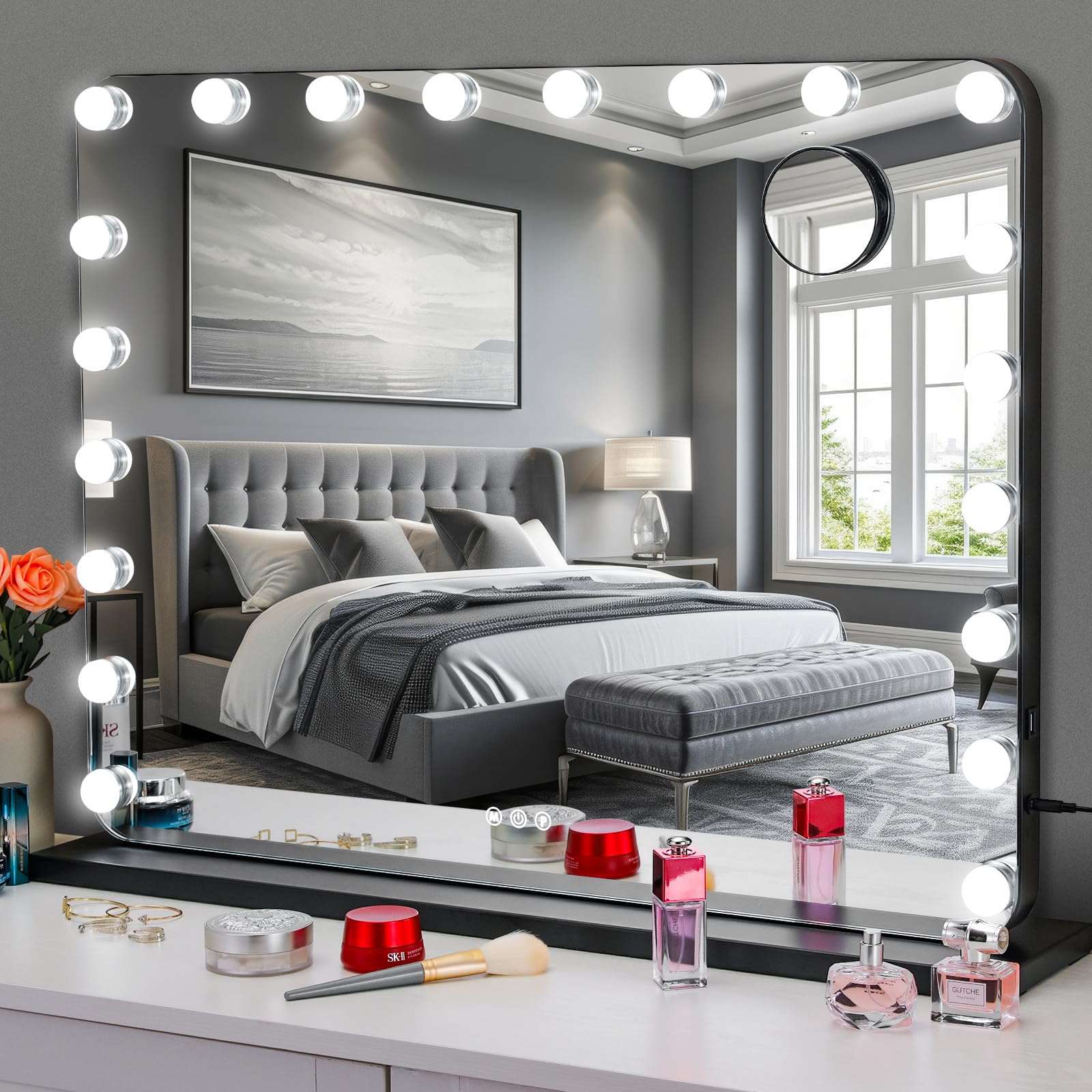 MAMIZO Espejo Maquillaje con Luz, 80x60 cm Espejo Hollywood de Mesa Iluminado, 20 Bombillas LED Regulables con 3 Modos de Color, USB, Espejo Aumento, Espejo de Tocador o Pared, Negro