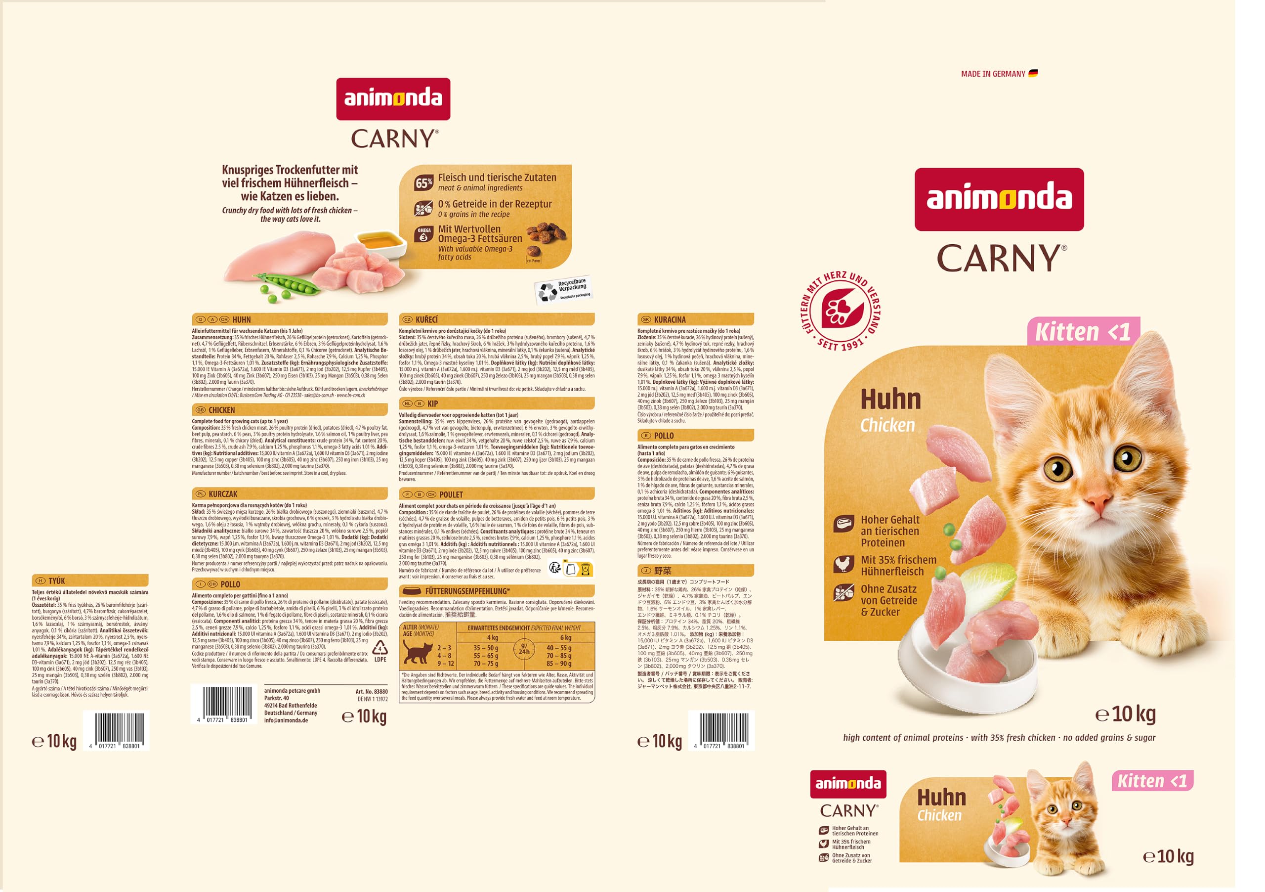 animonda Carny Nourriture pour Chat Kitten - Croquettes Chat sans Sucre et sans céréales - avec Poulet 1 x 10 kg