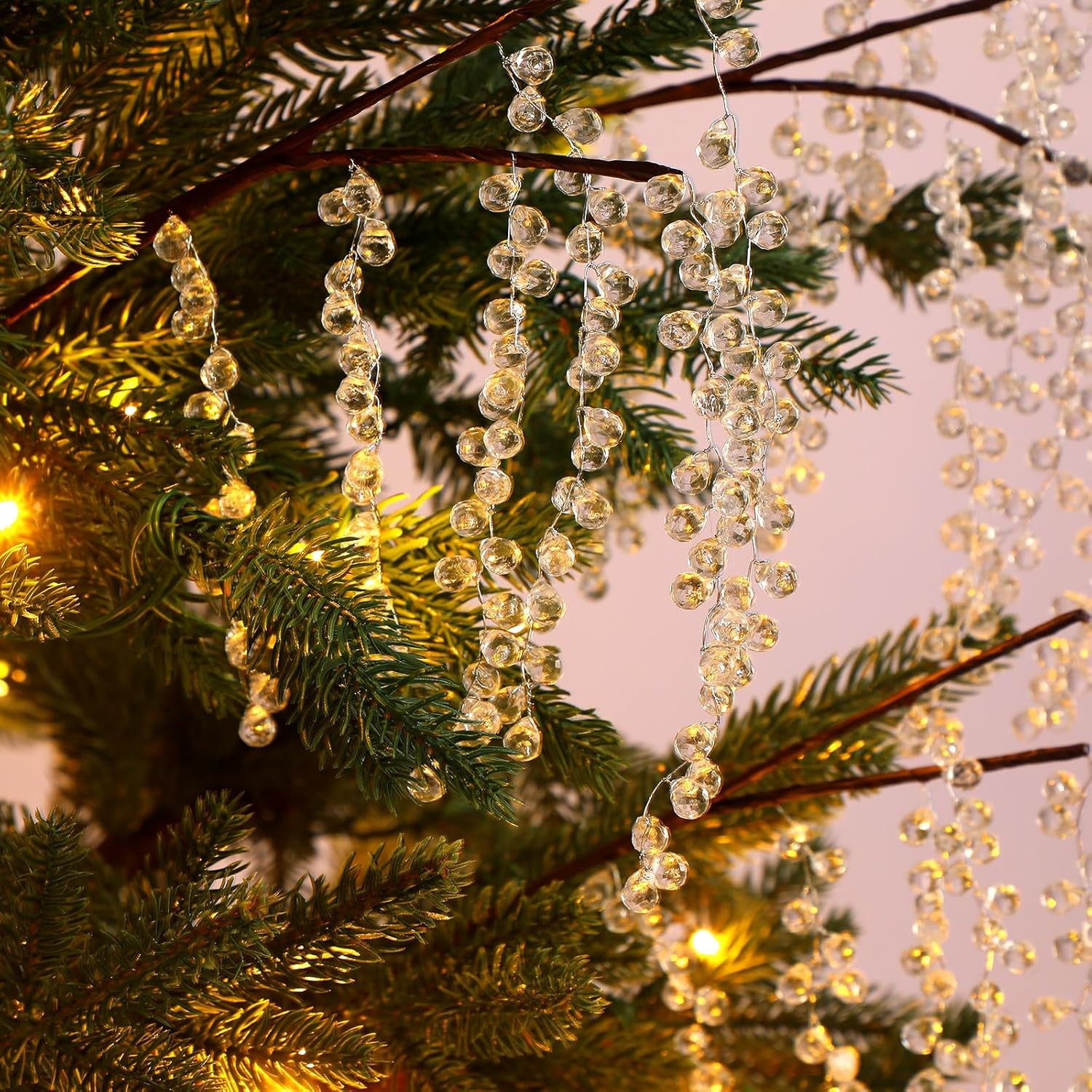 6 Pcs 18 Inch Christmas Crystal Tree Picks Garland Strands Ice Wire Clear Beaded Garland for Christmas Tree Crystal Hanging Ornament Garlands for Xmas Winter Party Supply Home Decor