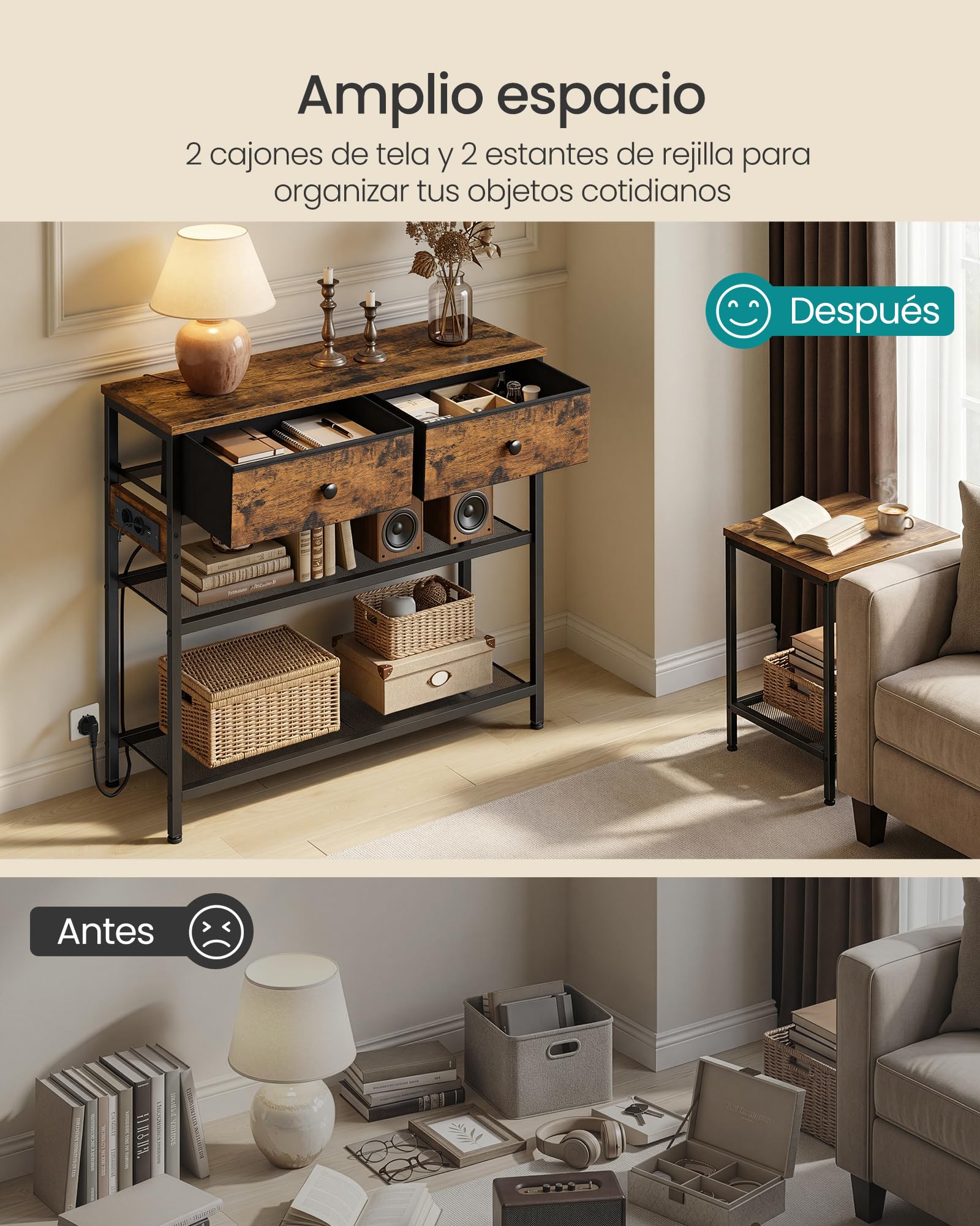 SONGMICS BELLAH Colección - Consola de Recibidor con Toma de Corriente, Mesa Auxiliar con Luz LED, Mesa de Recibidor, Sala de Estar, 30 x 76,7 x 78,7 cm, 2 Cajones de Tela, Marrón Rústico LGS175K102