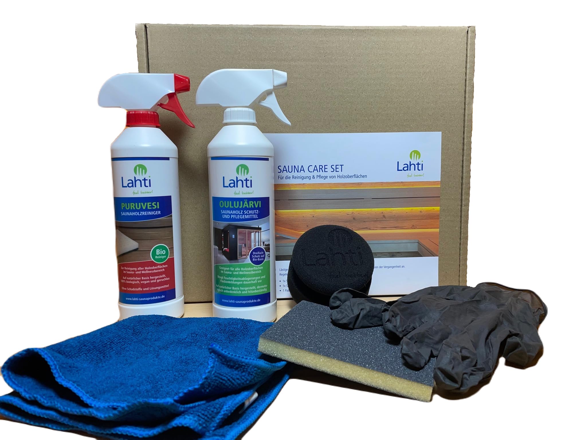 Lahti Sauna Care Set - Set für HolzSchutz, Reinigung und Pflege Ihrer Sauna - 1 PURUVESI, 2 OULUJÄRVI + Zubehör