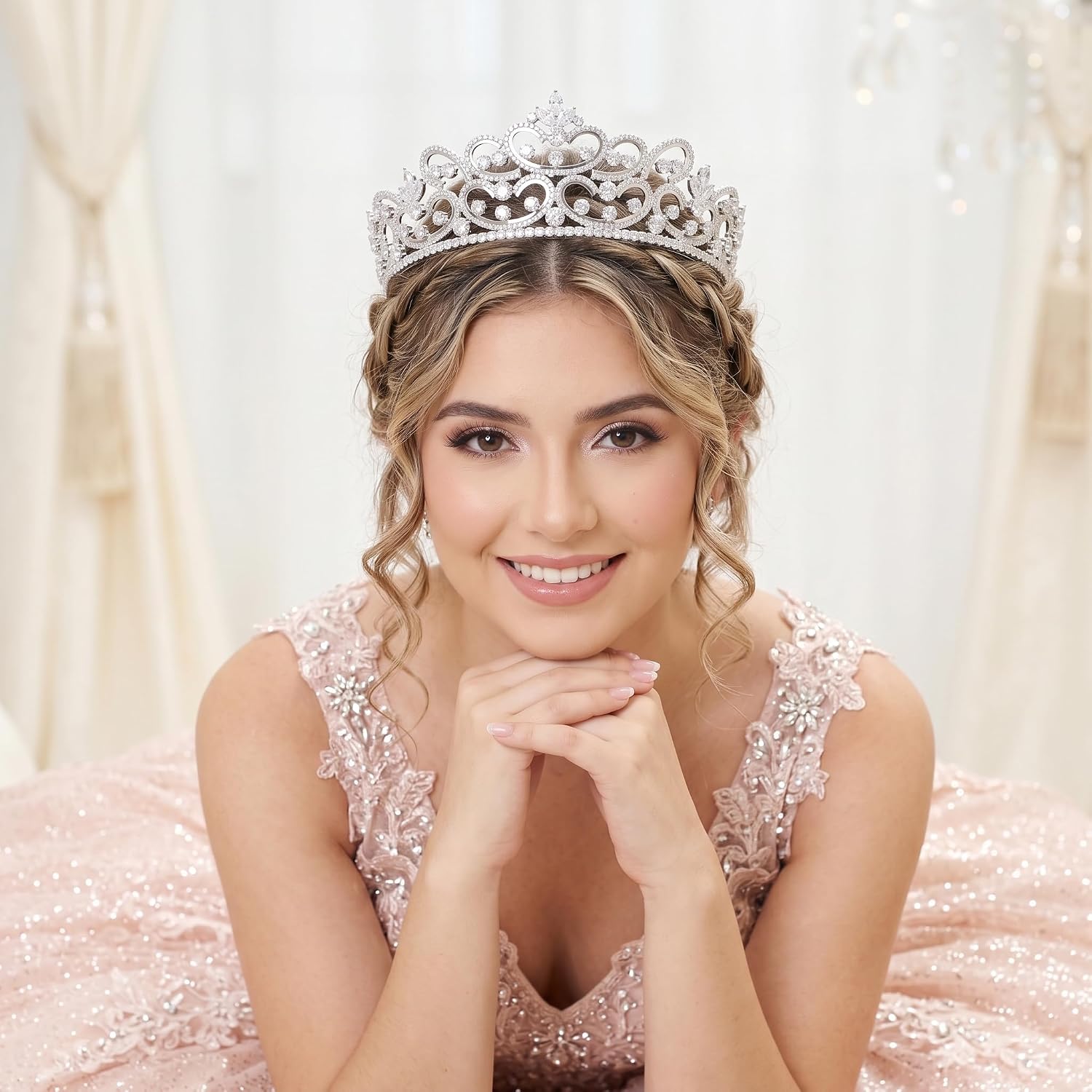 QXMYOO Sparkly CZ Wedding Crown Bridal Tiara Zircon Headpiece Queen Pageant Birthday Prom Costume Crystal Hair Accessories for Women Coronas Para 15 Anos Quinceaneras 2023