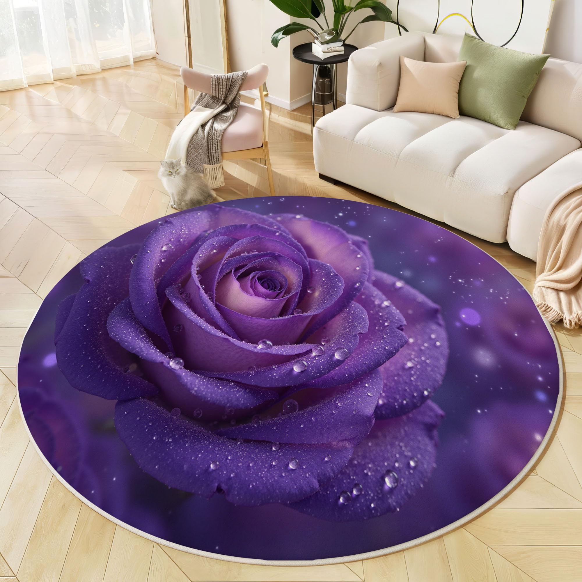 Tapis rond à poils courts lavable 120 cm antidérapant violet rose romance