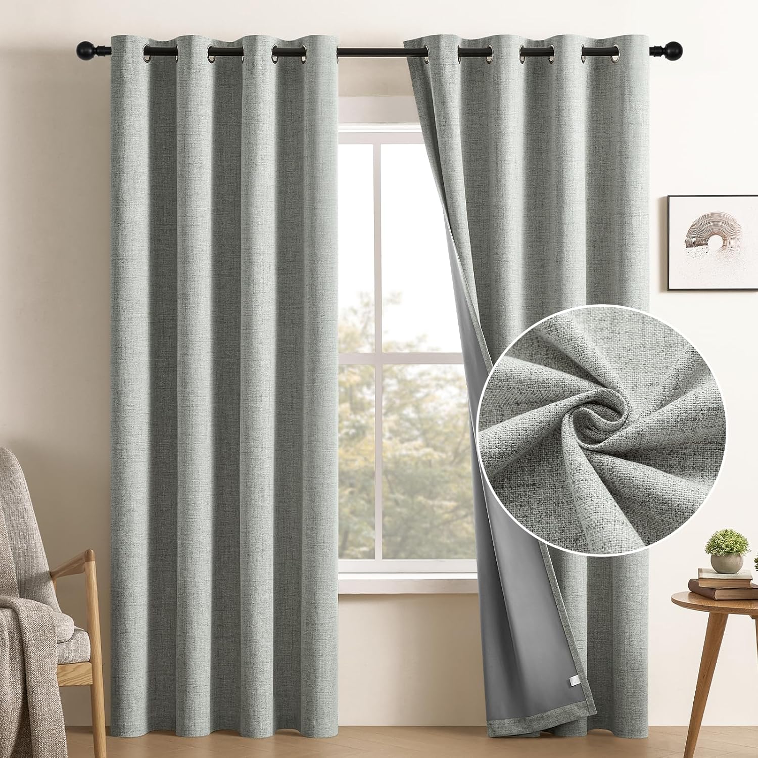 CUCRAF 100% Total Blackout Curtains 84 Length for Window Treatment, Faux Linen Thermal Insulated Grommet Drapes for Bedroom/Living Room, Set of 2 Curtain Panels(Grey Green, 52 x 84 inches) Grey Green. 52 x 84 inches