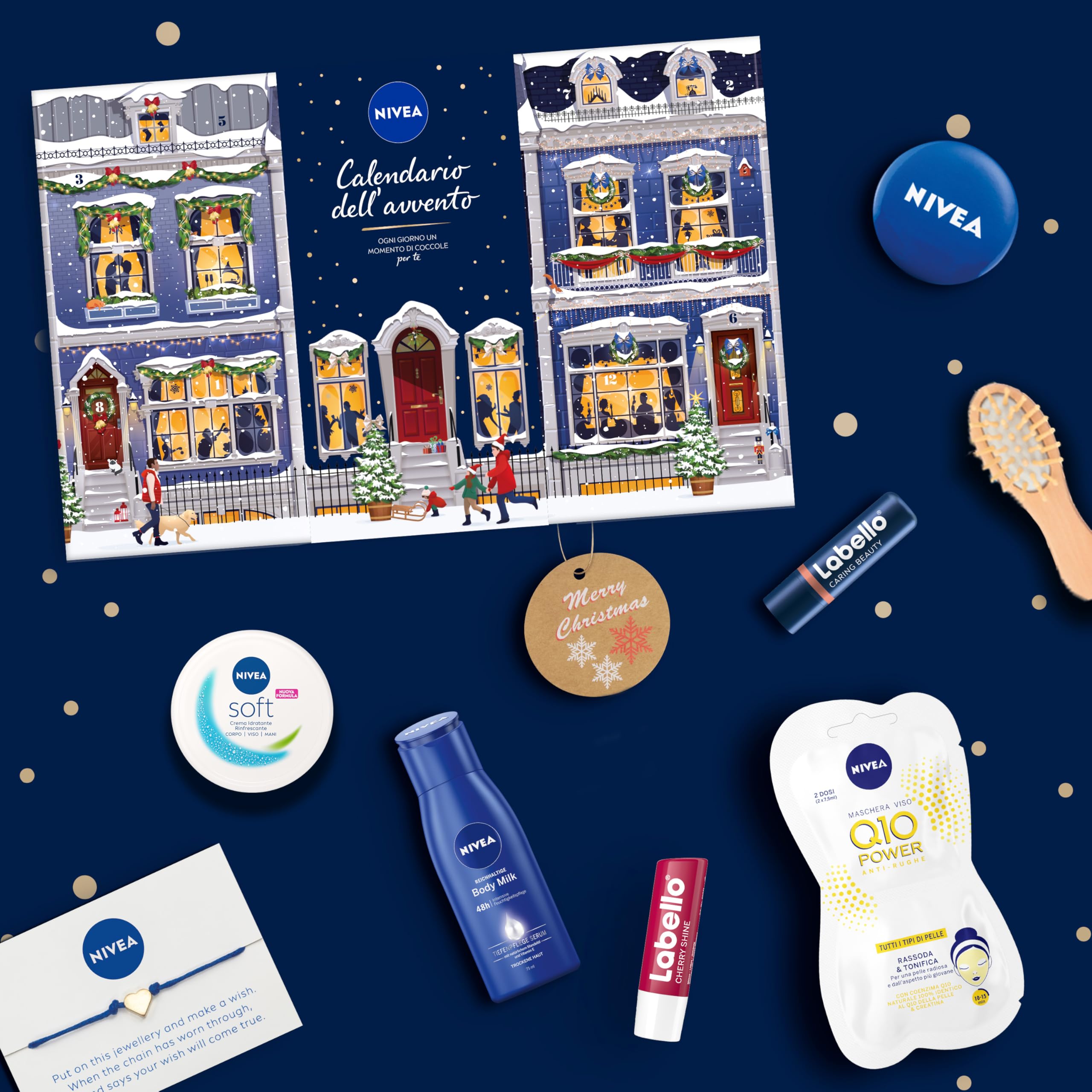 NIVEA Calendario dell'Avvento 2025 per 24 momenti di coccole, Calendario Avvento donna e ragazza festivo ed elegante, Calendario Avvento beauty con prodotti e accessori selezionati NIVEA e Labello