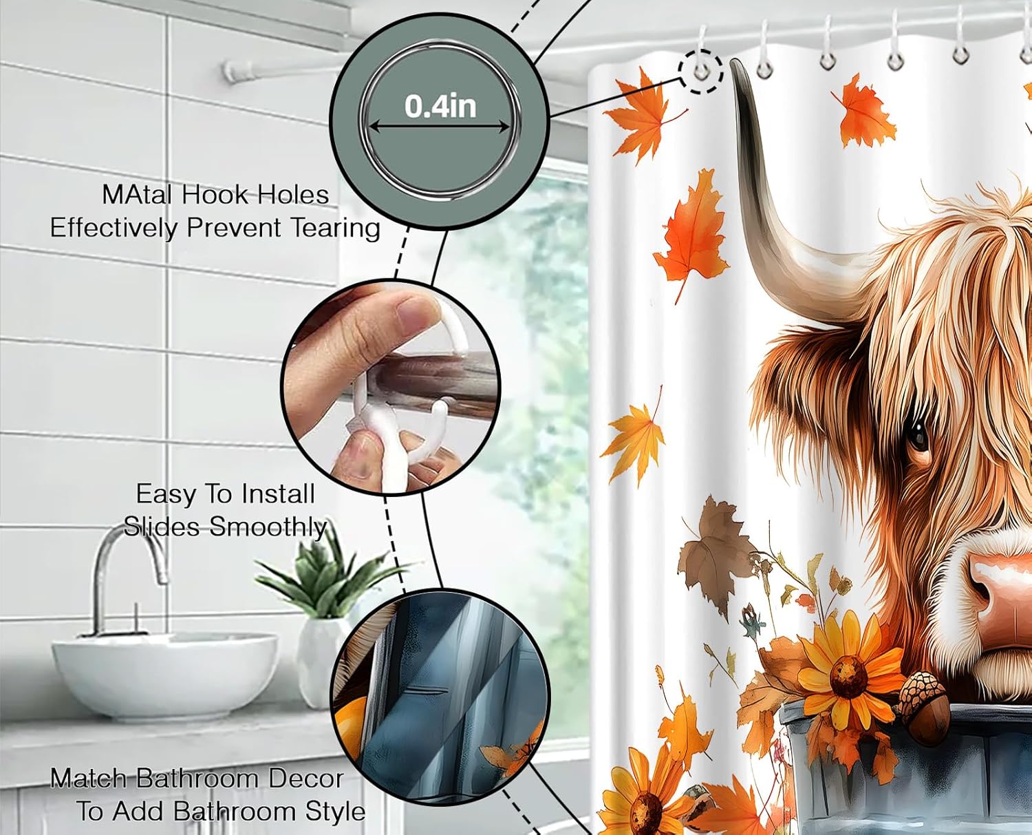 Highland Cow Pumpkin Extra Long Shower Curtain,Fall Thanksgiving Decor for Bathroom,Maple Leaf Cute Animal Floral Farmhouse Rustic Brown Fabric Curtain with Hooks,70x78 Inch