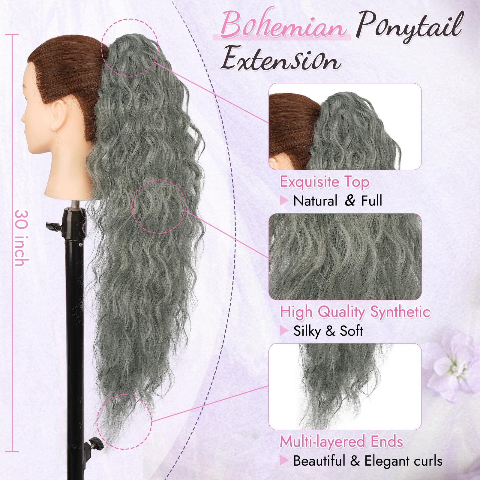 Coleta Postiza Pelo Natural 76 cm Gris con Pinza Rizada Ondulado para Mujeres