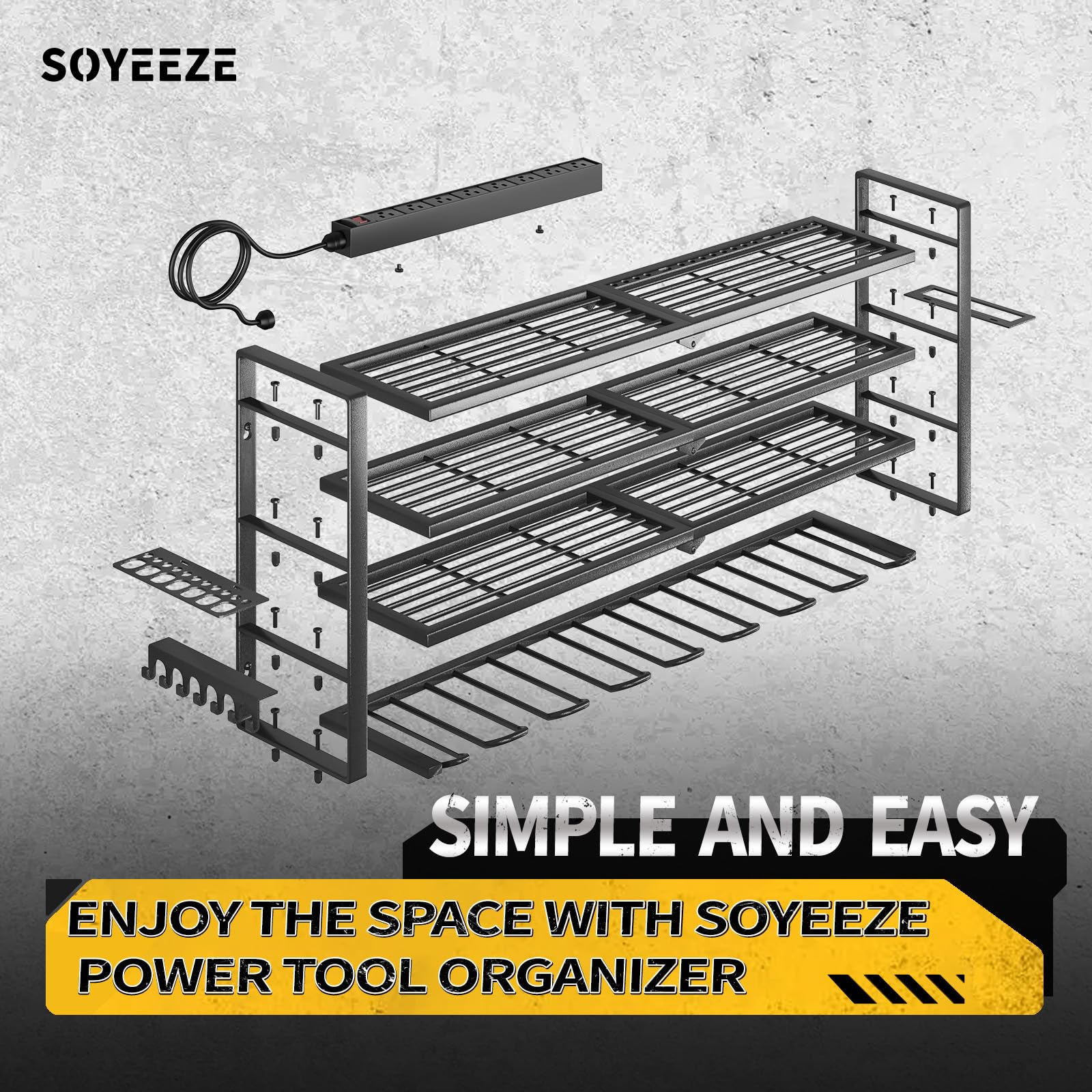 Toolganize Organizer per utensili elettrici, rack con stazione di ricarica per ciabatta, resistente, per attrezzi da officina e garage, 6 scomparti, giallo