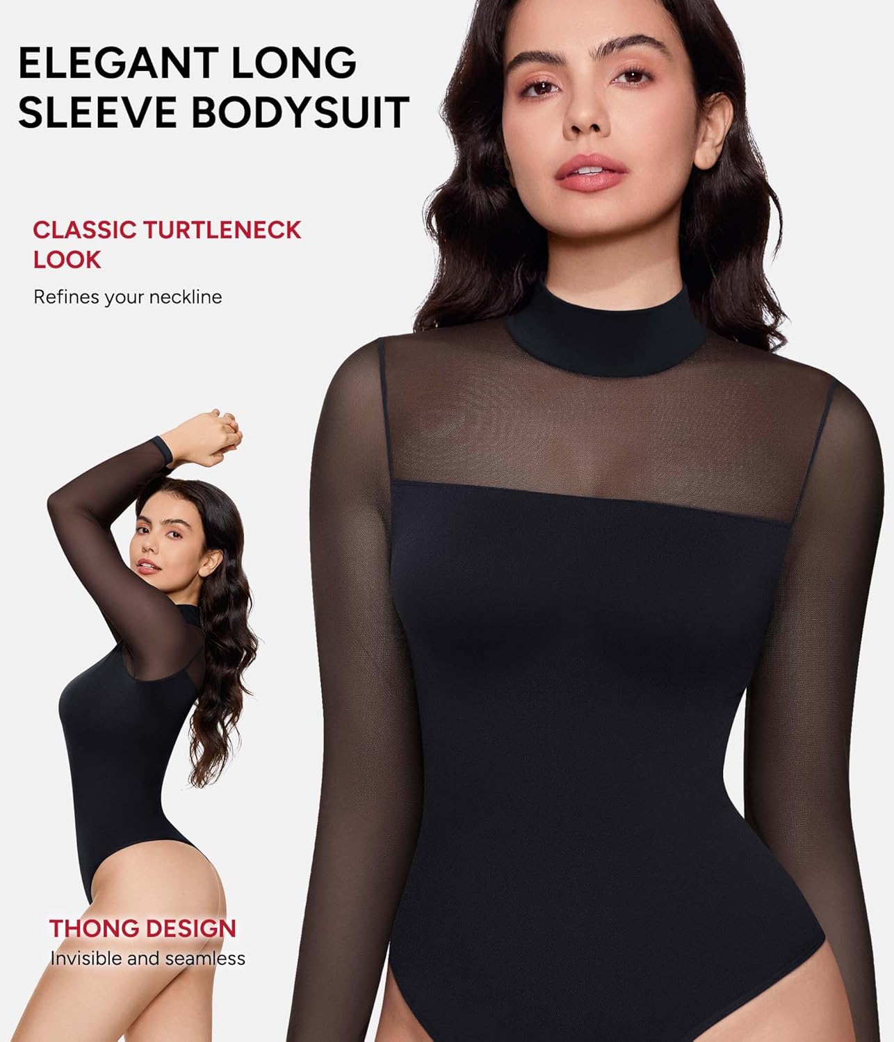 Nebility Women Long Sleeve Bodysuit Turtleneck - Mesh Shapewear Body Suit Tops Thong Going Out Tops Fall Outfits - Image 2