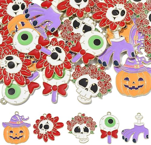 Miniatura 7 de KitBeads 30 dijes esmaltados de calavera para Halloween, estilos mixtos, ojos, calabaza, dibujos animados, Día de los Muertos, para hacer joyas a
