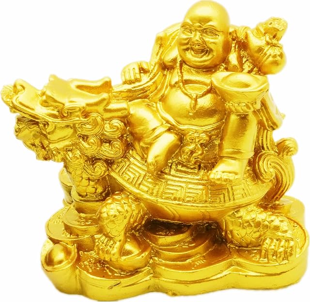 Elionless Laughing Buddha, Chinese Feng Shui Laughing Buddha Riding Dragon Turtle Statue Home Office Maitreya Buddha Ornament Decoration Attract Wealth and Good Luck (Gold)