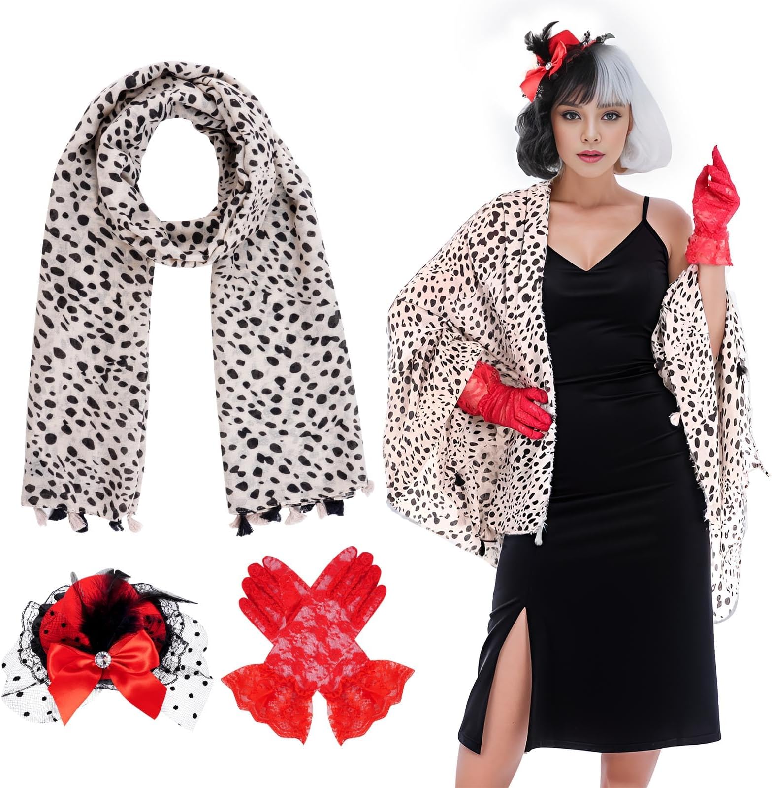 3pcs Dalmatian Costume Black and White Anime Dress Up Scarf Lace Gloves Top Hat Hair Clip Devil Costume for Halloween Cosplay