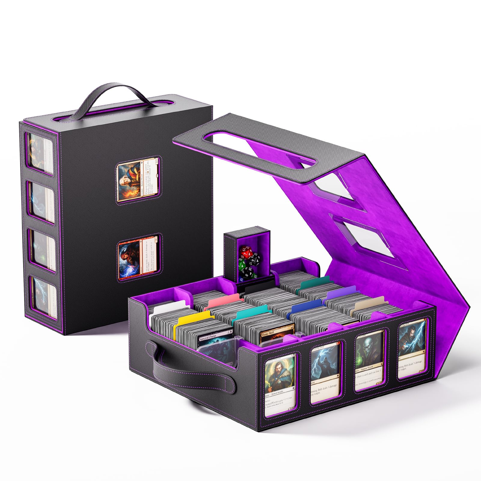 Trading Card Storage Box – 3500+ Magnetic MTG Deck Box with Handle,Commander & Toploader Display, Dice Box,4 Dividers & 30 Color Labels–Fits for TCG,MTG,Yu-Gi-Oh and Sport cards(Black/Purple)