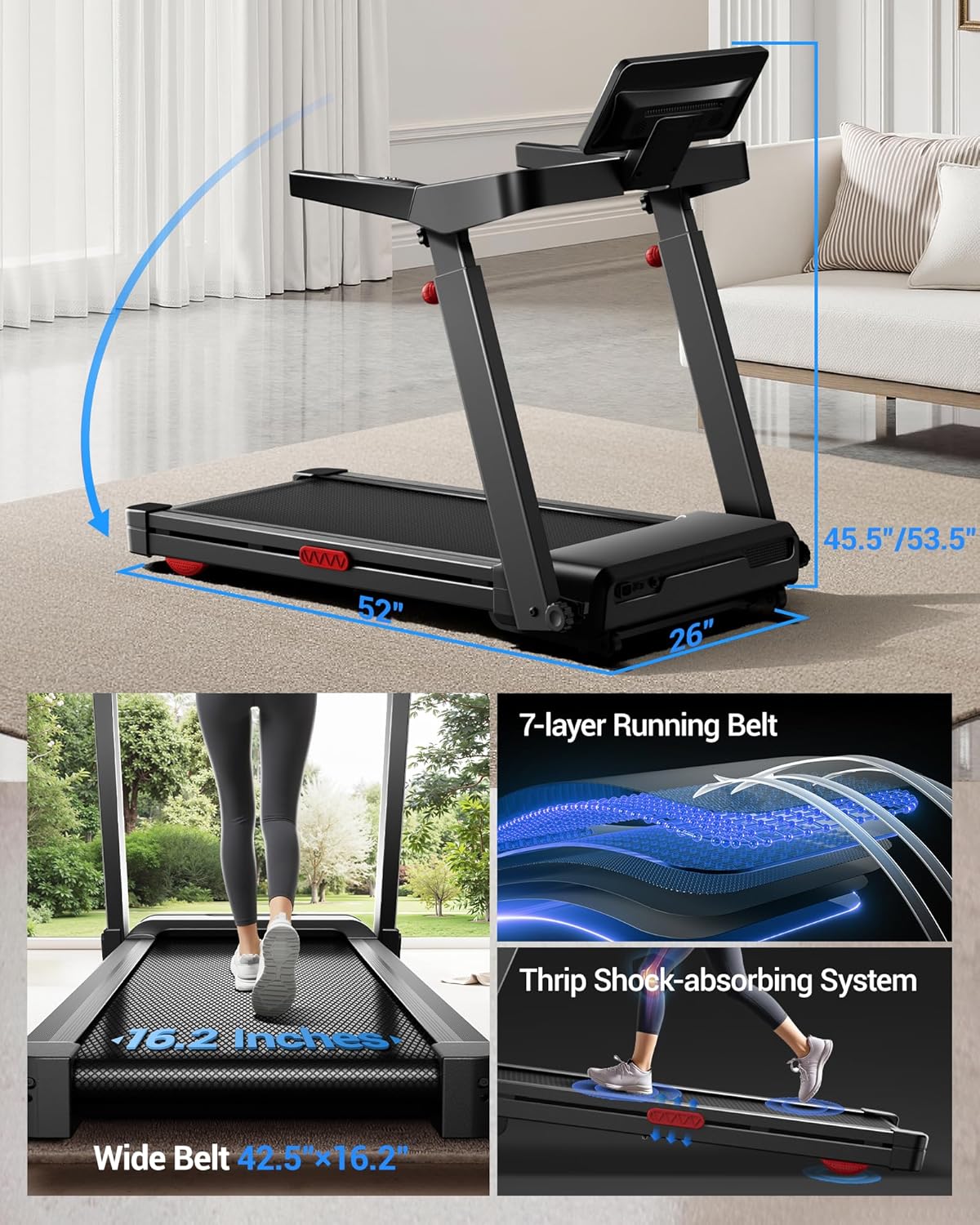 LONTEK Treadmill with Auto 20% Incline, Treadmills for Home, Portable Treadmill with 400lb Capacity Weight, 3.5HP Quiet Running Machine with Adjustable Handle Height, 42.5"× 16.2" Widen Running Area
