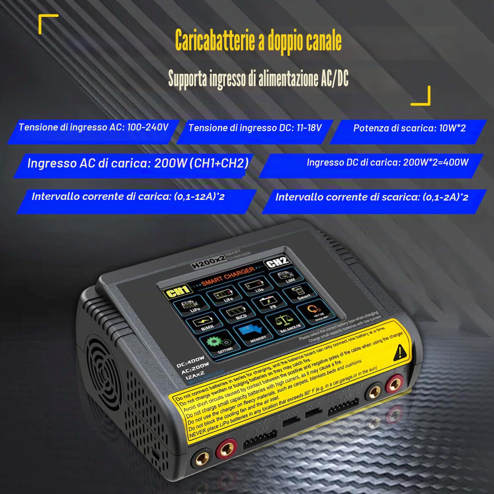 Caricabatterie lipo T400 AC200W/DC400W 12A,lipo caricatore bilanciato doppio scarico 3,2 pollici a colori touch screen scaricatore per LiPo/Lilon/LiFe/NiMH/NiCd/PB/NiMH