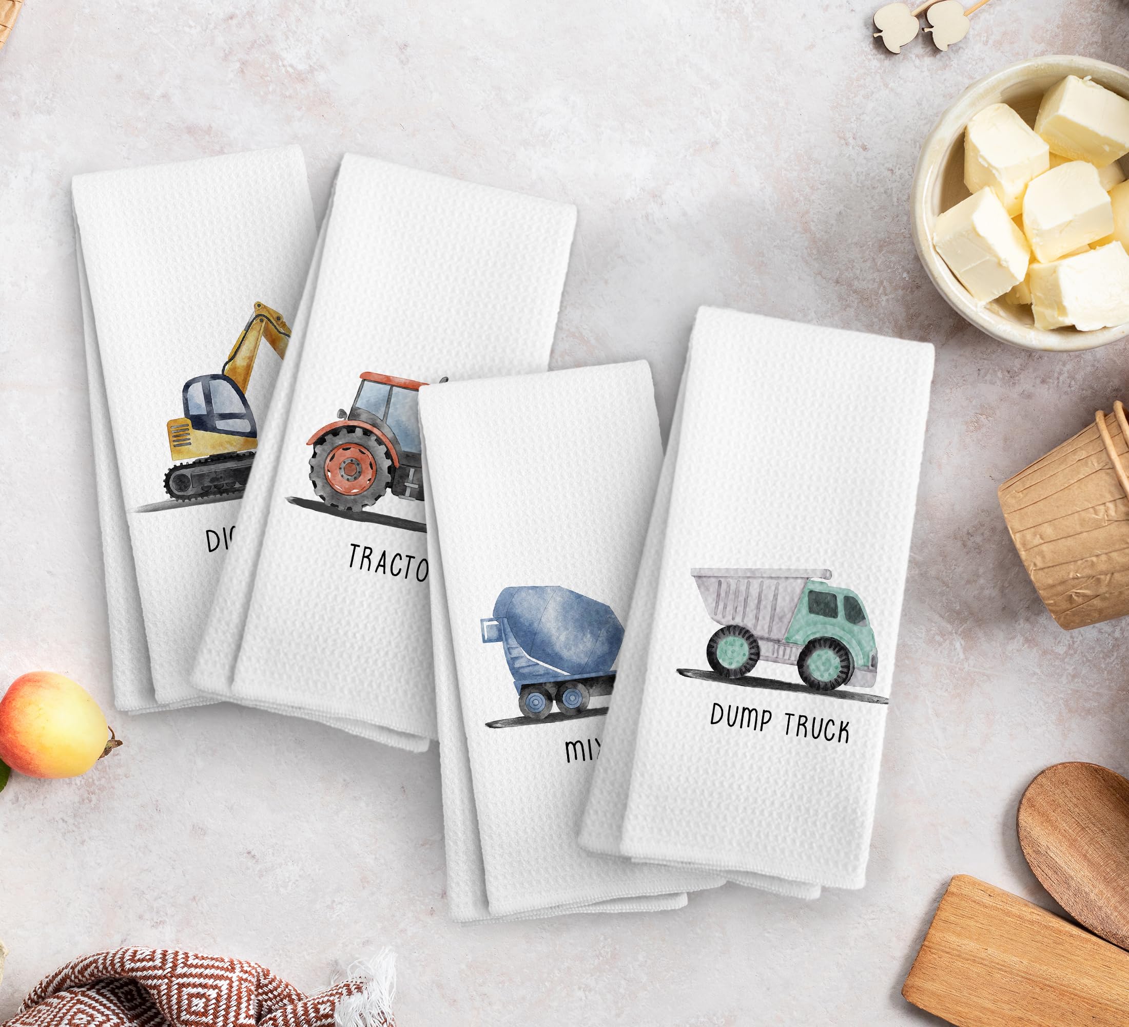 Juego de 4 toallas de mano decorativas de vehículos de construcción para niños, toalla de mano decorativa para niños, vehículos de ingeniería, toallas de mano para baño, cocina, 16 x 24 pulgadas