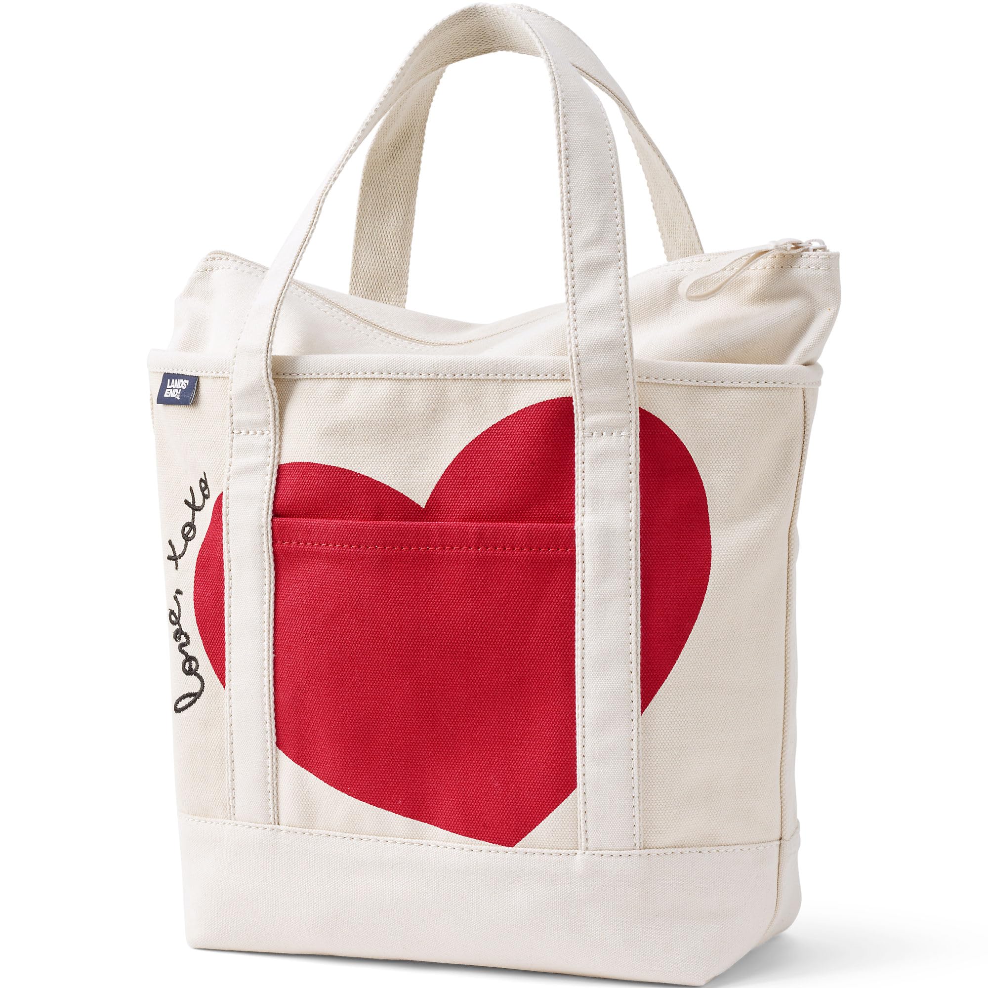 Lands' End Zip Top Canvas Tote Bag | 100% Cotton Canvas, Five Pockets, Key Strap, Water-Resistant Base, Stands Upright, Beach Bag, Travel Tote, Grocery Tote Compass Red Love Xoxo/Natural Medium Regular Handle